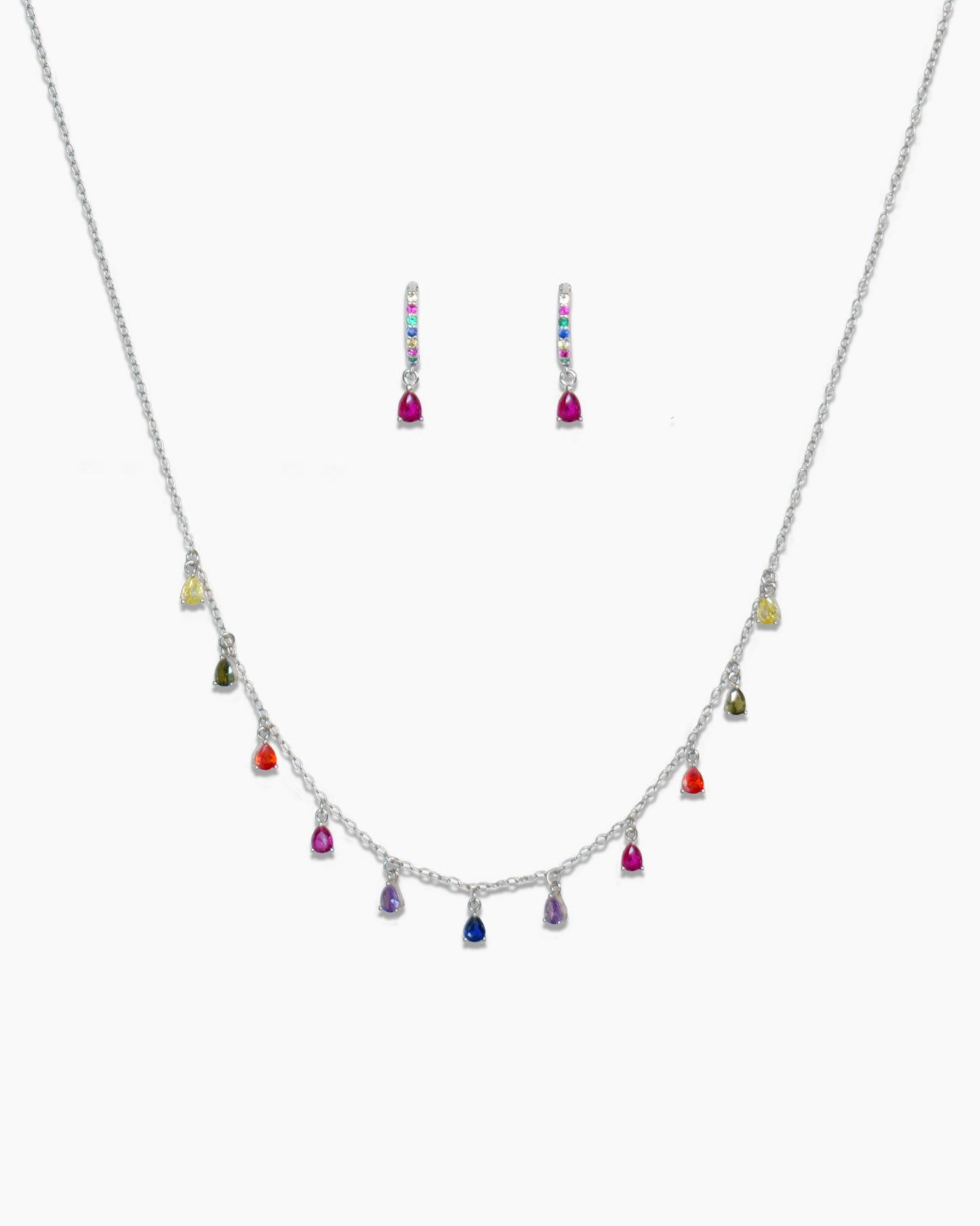 925 sterling silver huggie hoop earrings and chain necklace with multicolored zirconia stones.