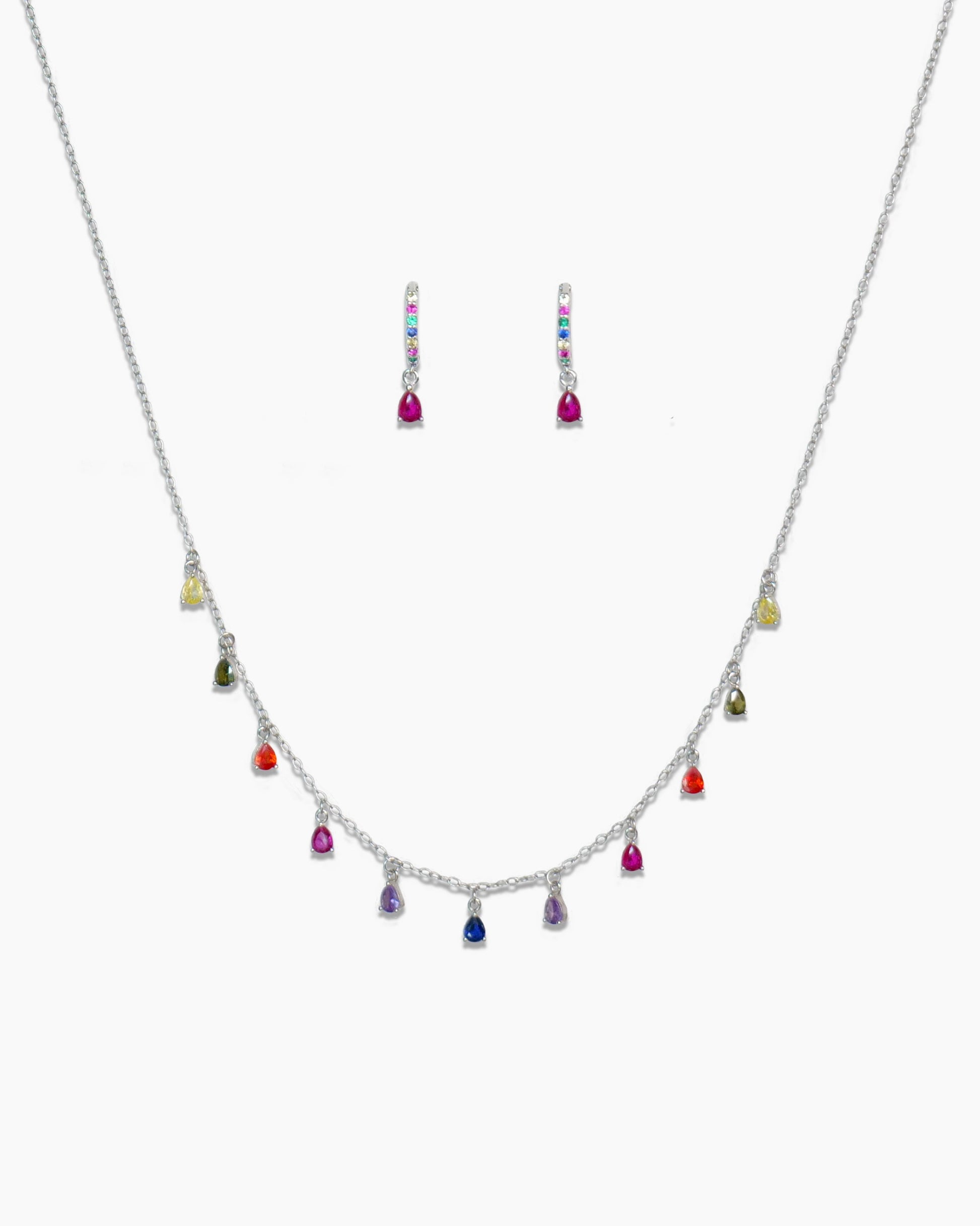 925 sterling silver huggie hoop earrings and chain necklace with multicolored zirconia stones.