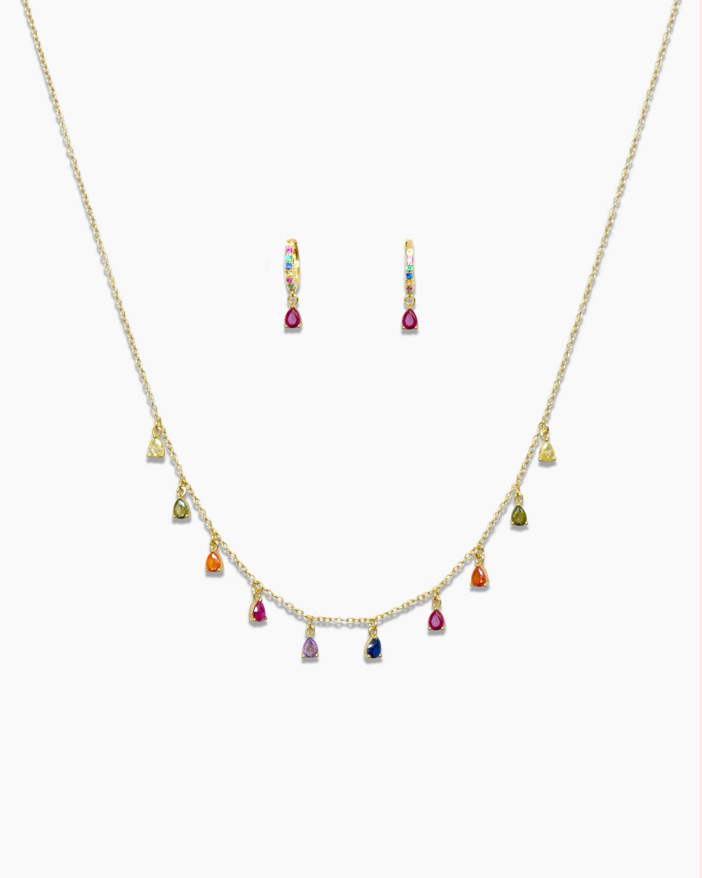 925 gold-plated sterling silver huggie hoop earrings and chain necklace with multicolored zirconia stones.