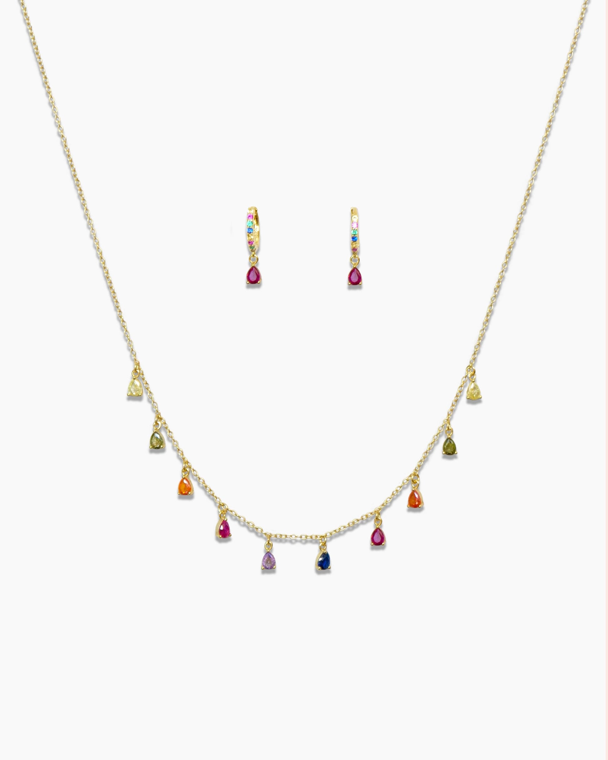 925 gold-plated sterling silver huggie hoop earrings and chain necklace with multicolored zirconia stones.