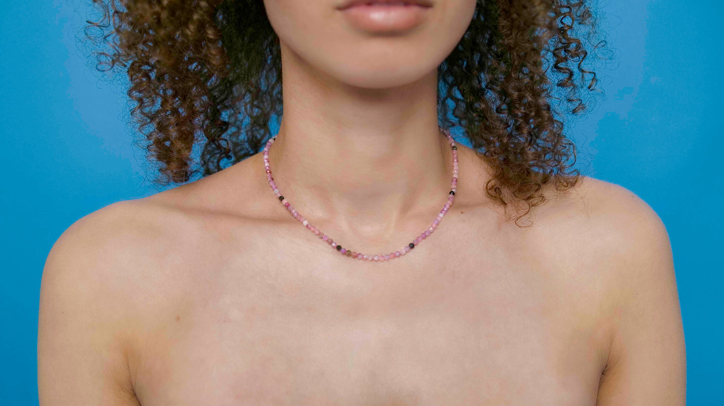 Handmade beaded pink tourmaline stone necklace with a sterling silver clasp.