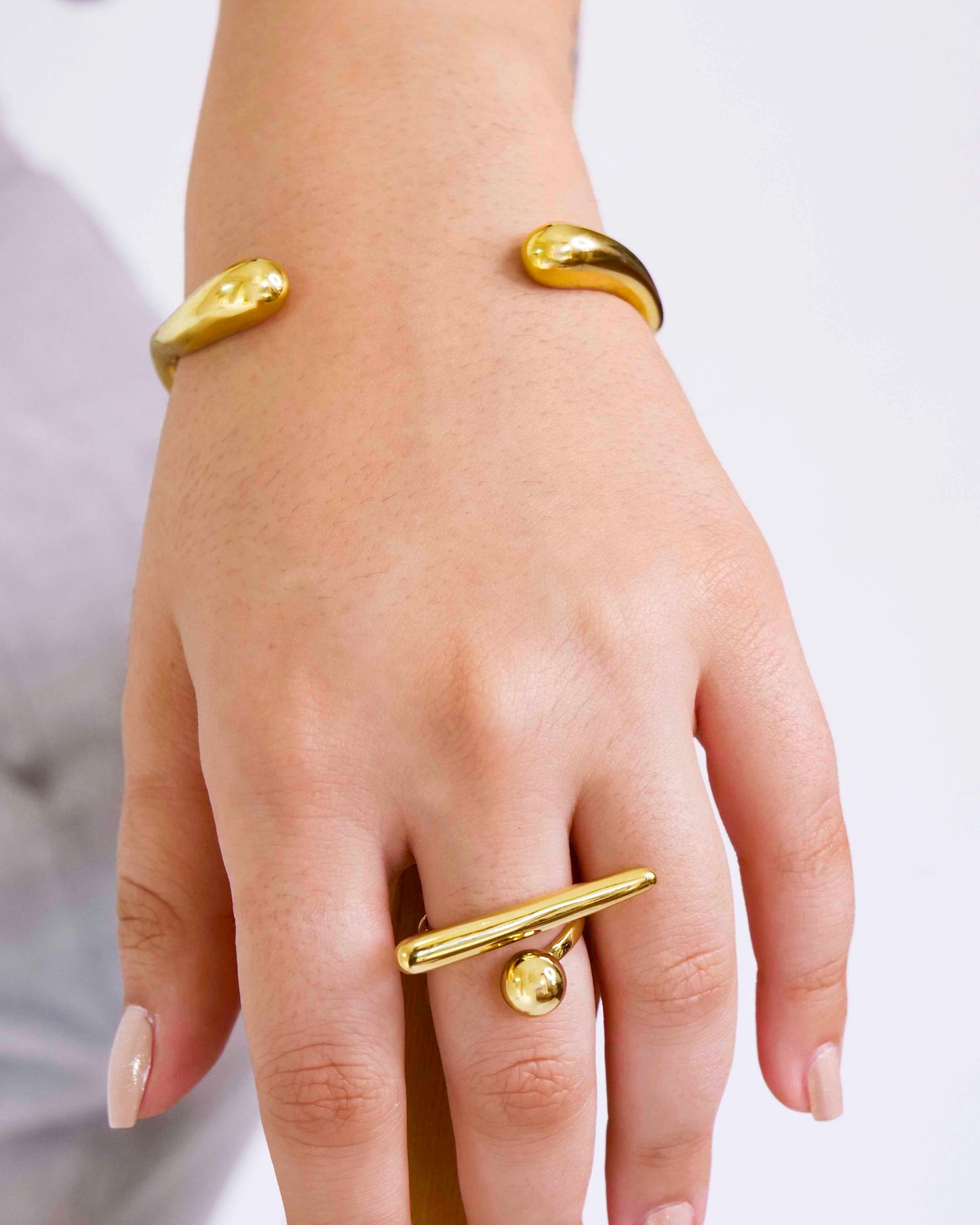 Waterproof 18K PVD Gold Plated Stainless Steel Metal Slim Cuff Bracelet Bangles Jewelry with a Minimalist Classy Ring 18k Gold Unique Jewelry