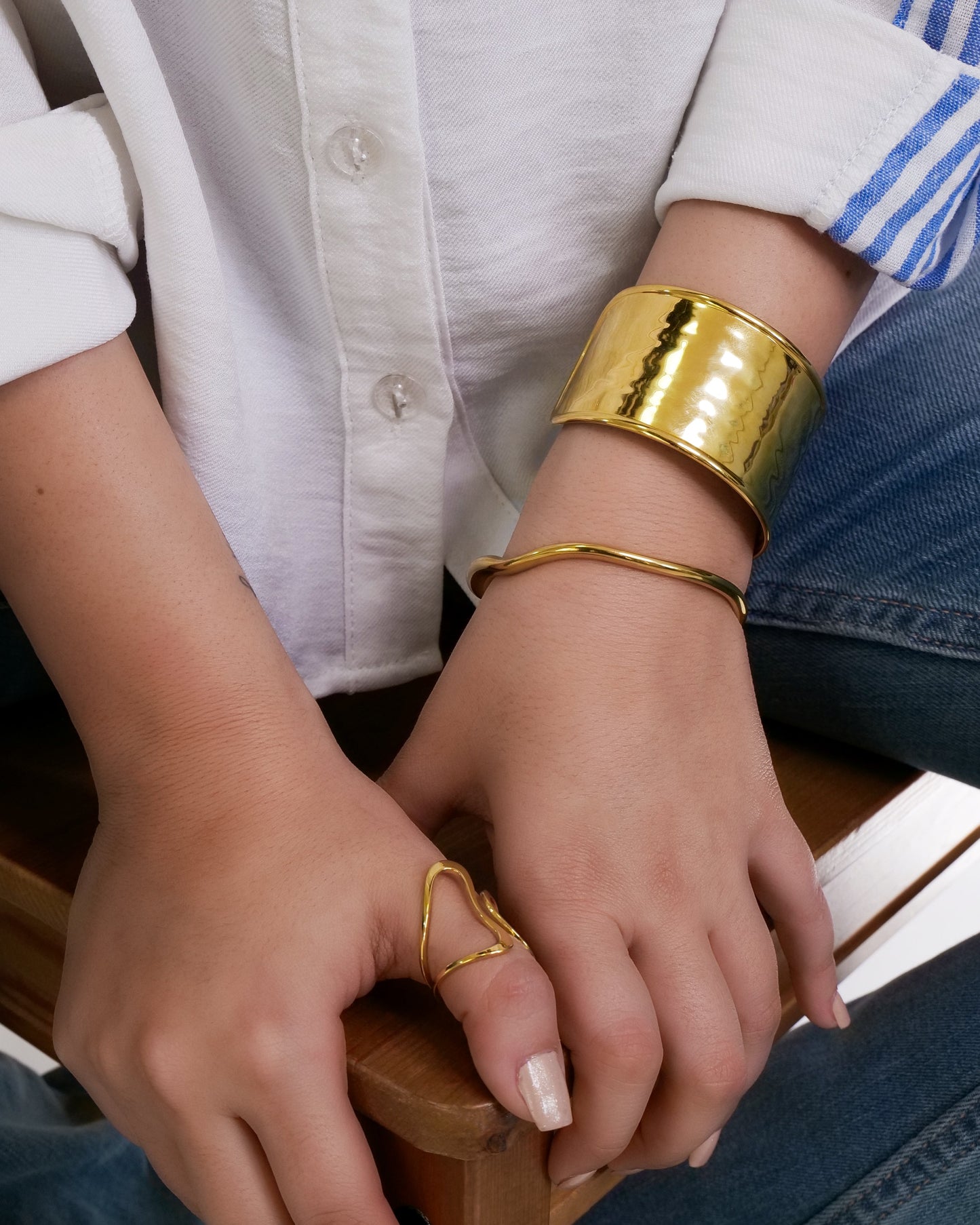 Waterproof 18K PVD Gold Plated Stainless Steel Metal Wide & Slim Cuff Bracelet Bangles Jewelry