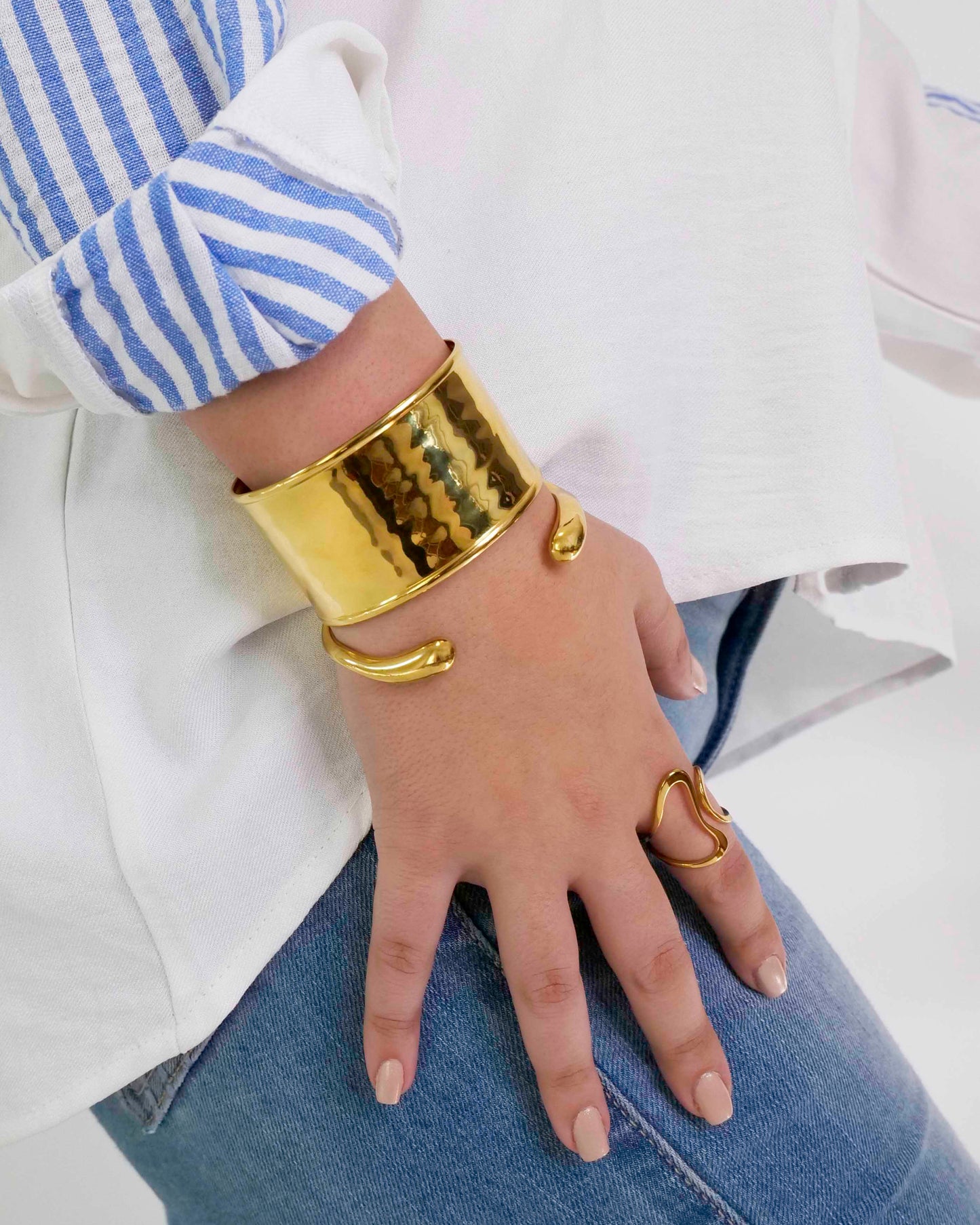 Waterproof 18K PVD Gold Plated Stainless Steel Metal Wide & Slim Cuff Bracelet Bangles Jewelry