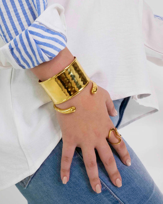Waterproof 18K PVD Gold Plated Stainless Steel Metal Wide & Slim Cuff Bracelet Bangles Jewelry