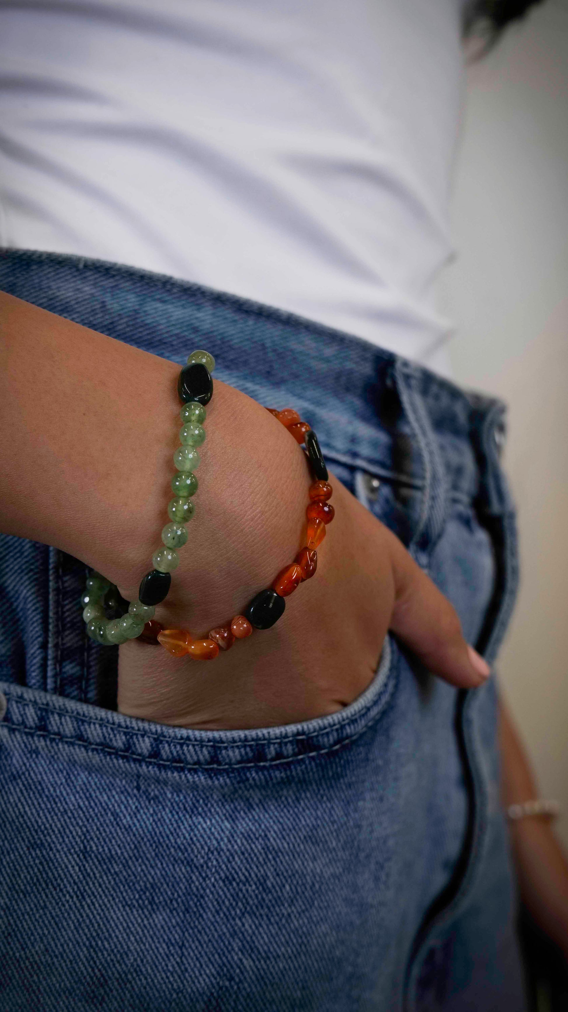 Handcrafted bracelets made using carnelian and aventurine beads.
