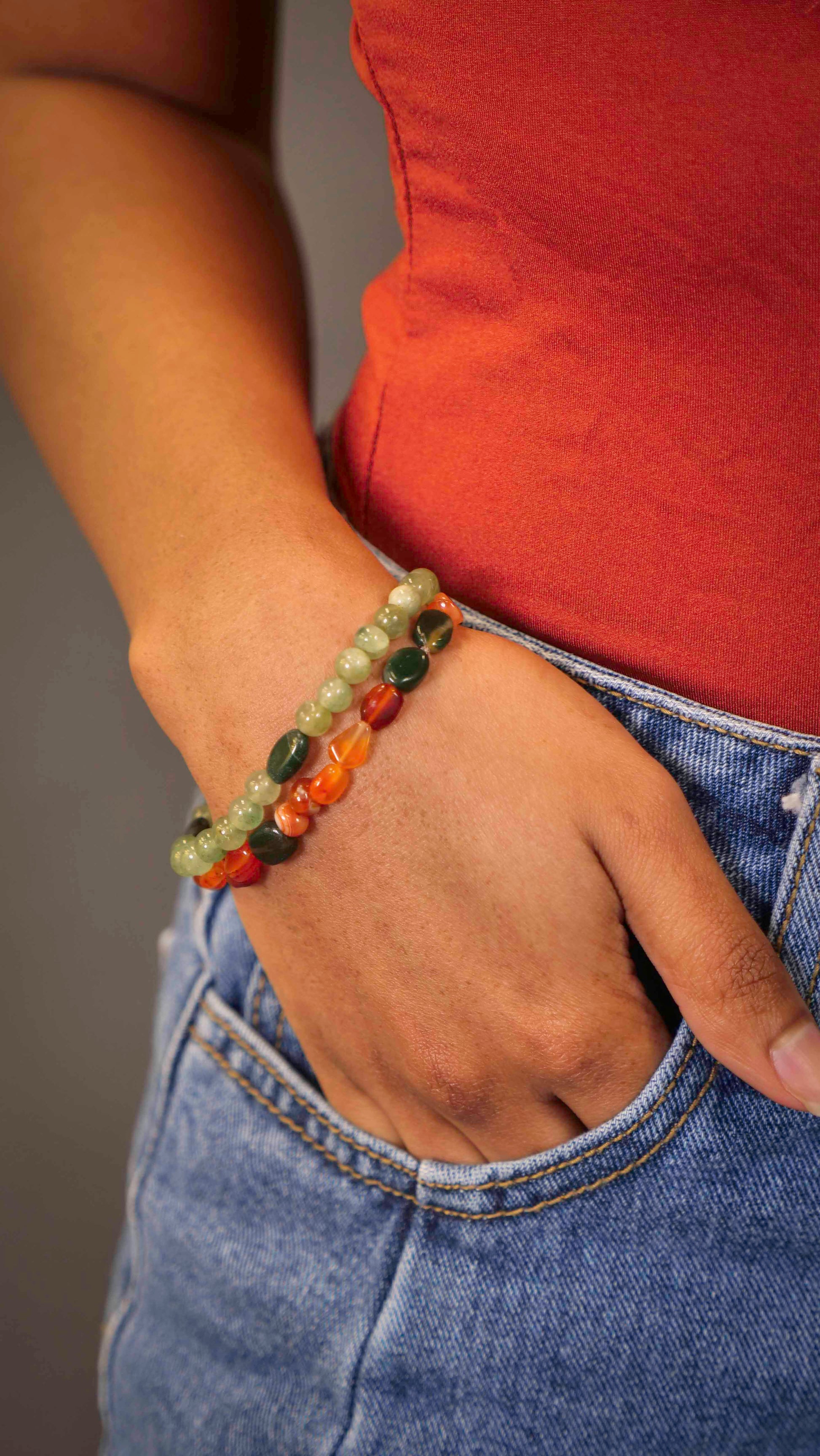Handcrafted bracelets made using carnelian and aventurine beads.