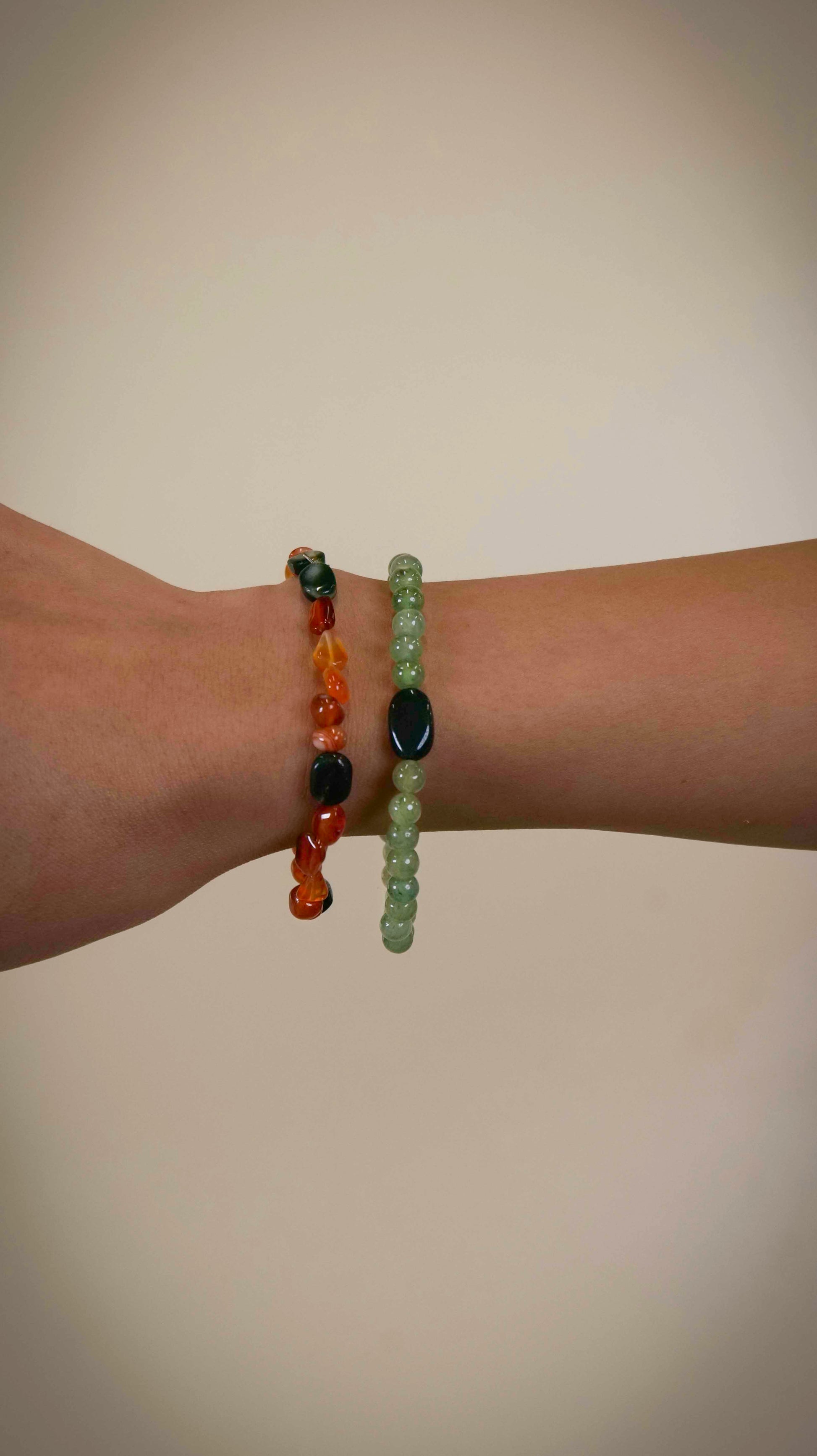 Handcrafted bracelets made using carnelian and aventurine beads.