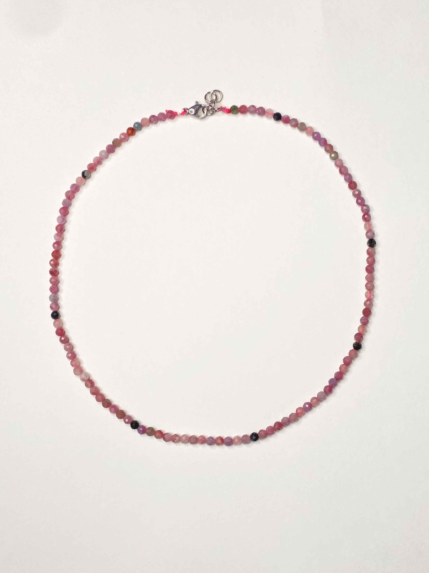 Handmade beaded pink tourmaline stone necklace with a sterling silver clasp.