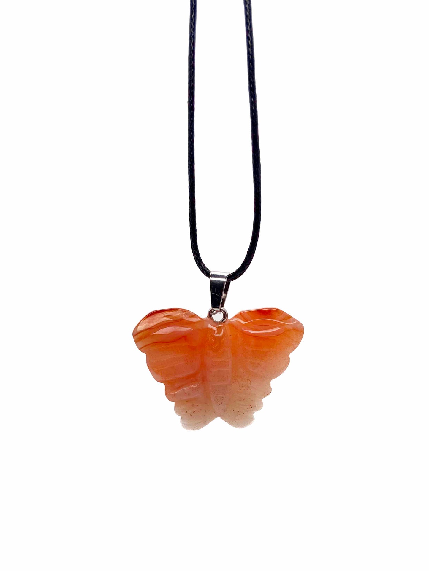 Handmade orange agate butterfly pendant necklace with a black vegan leather string.