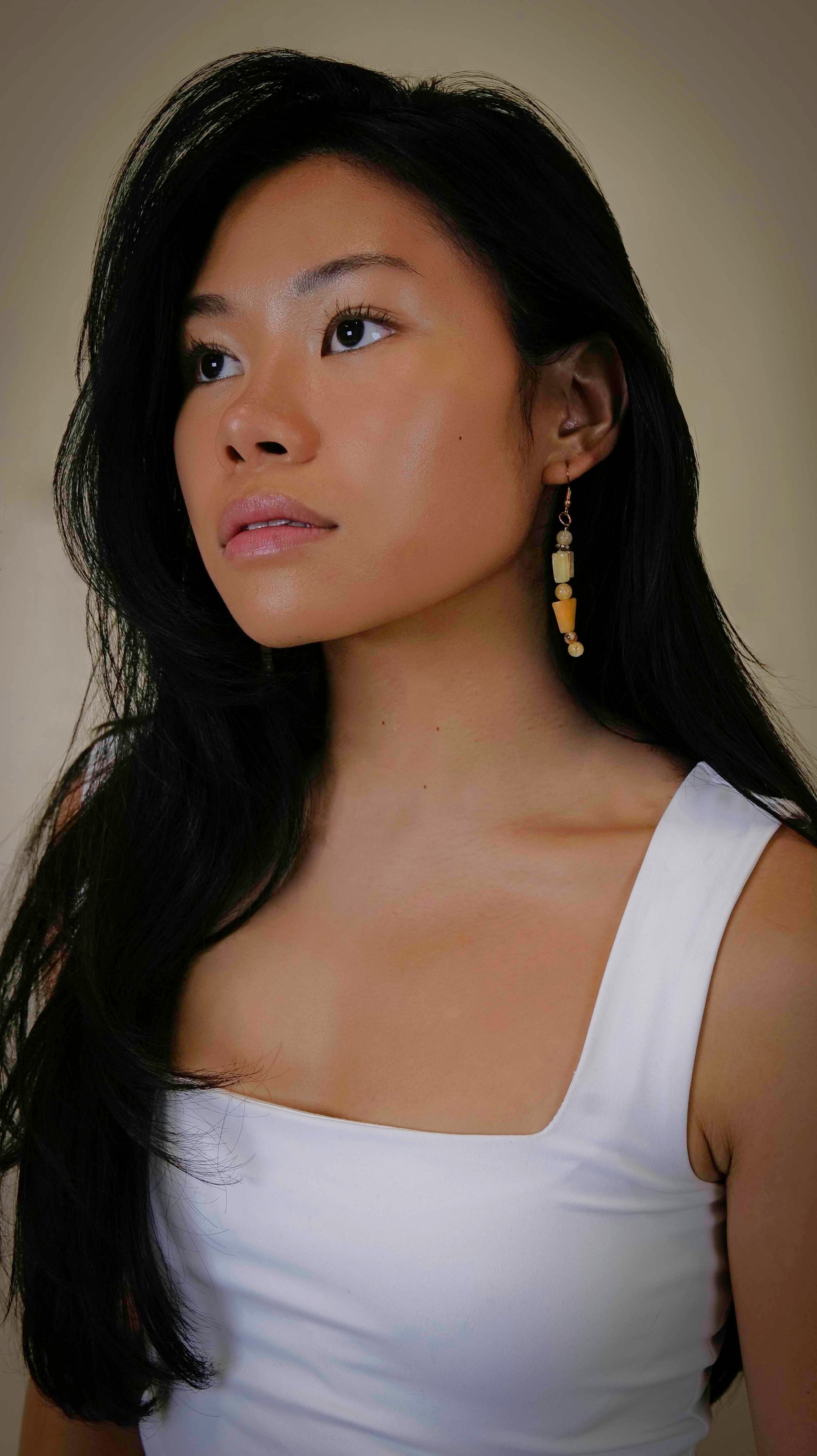 Handcrafted beaded citrine dangle drop earrings.