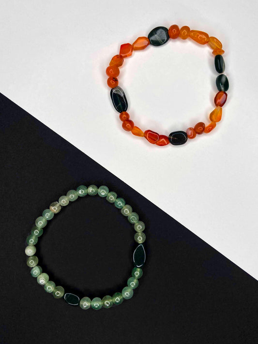 Handcrafted bracelets made using carnelian and aventurine beads.