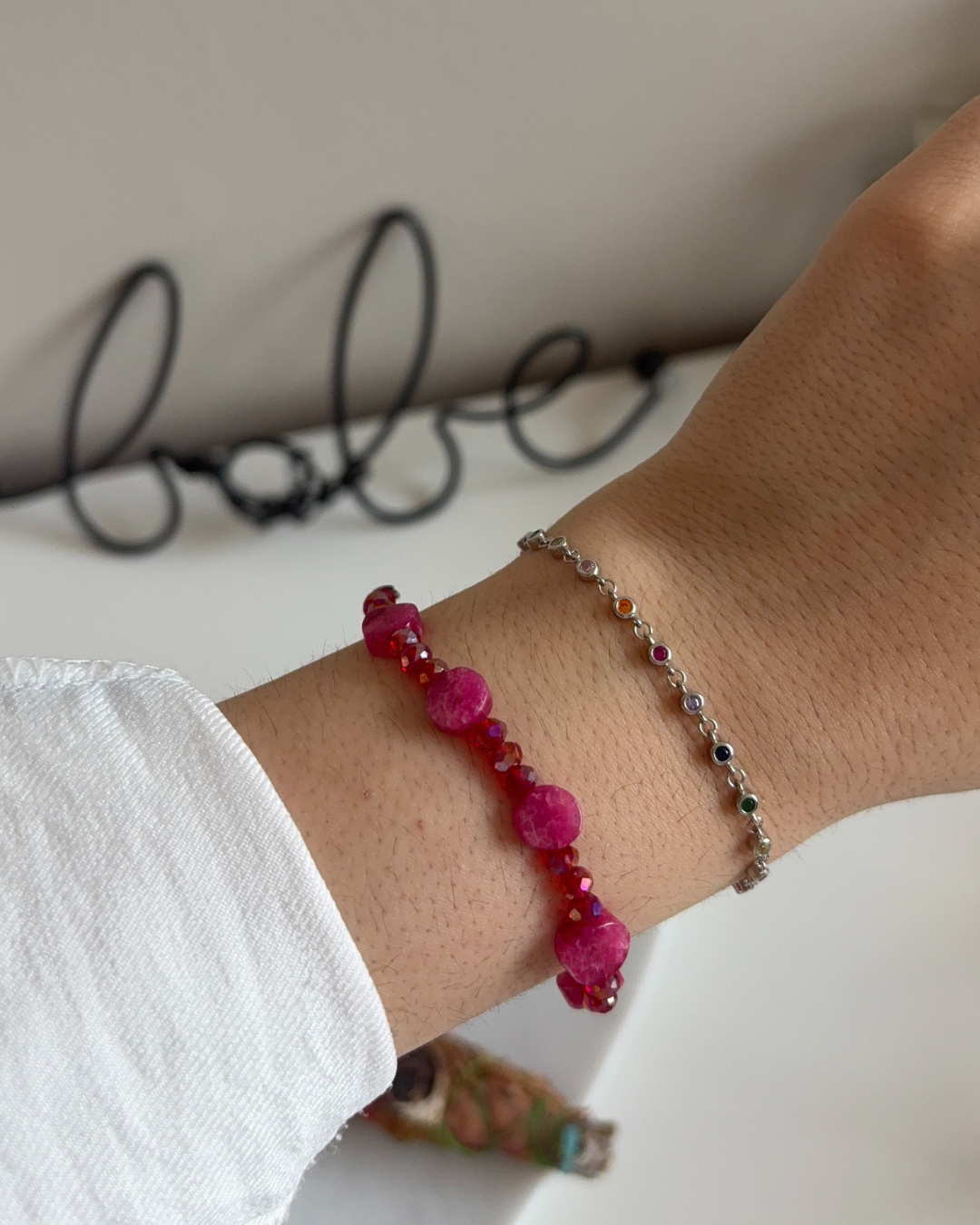 layered rubellite gemstone bracelet, and multi colored zirconia sterling silver bracelet