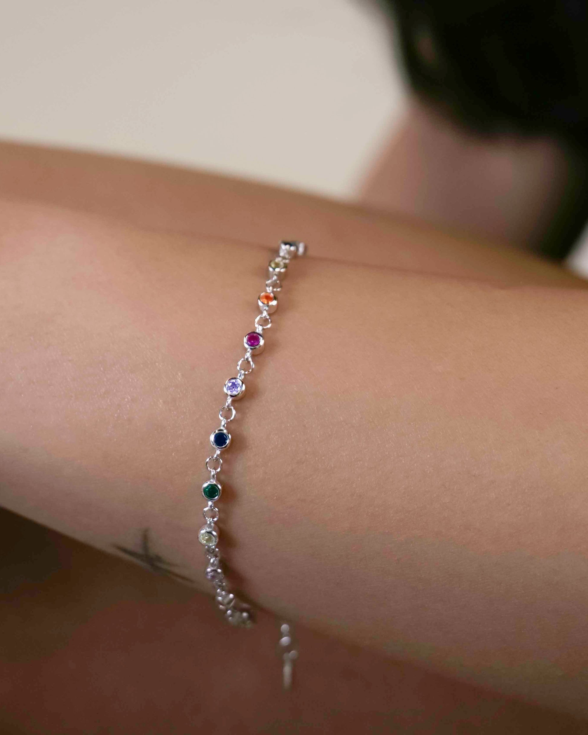 925 sterling silver zirconia charm chain bracelet.