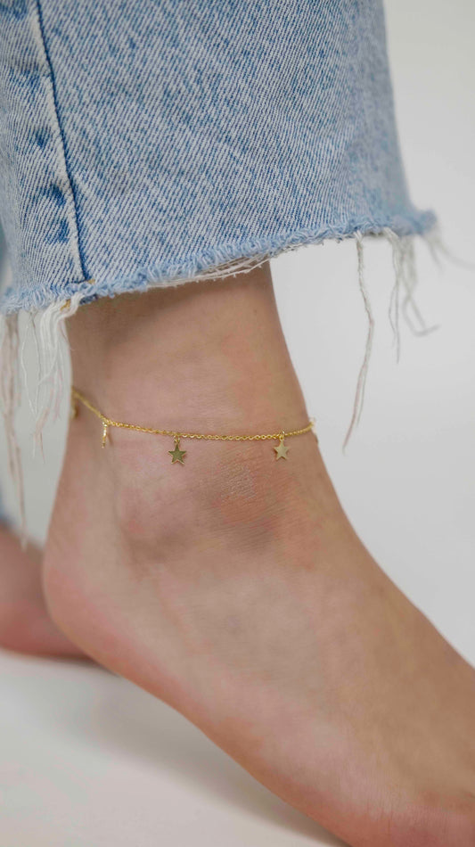 925 sterling silver 14k gold-plated cable chain star charm anklet.