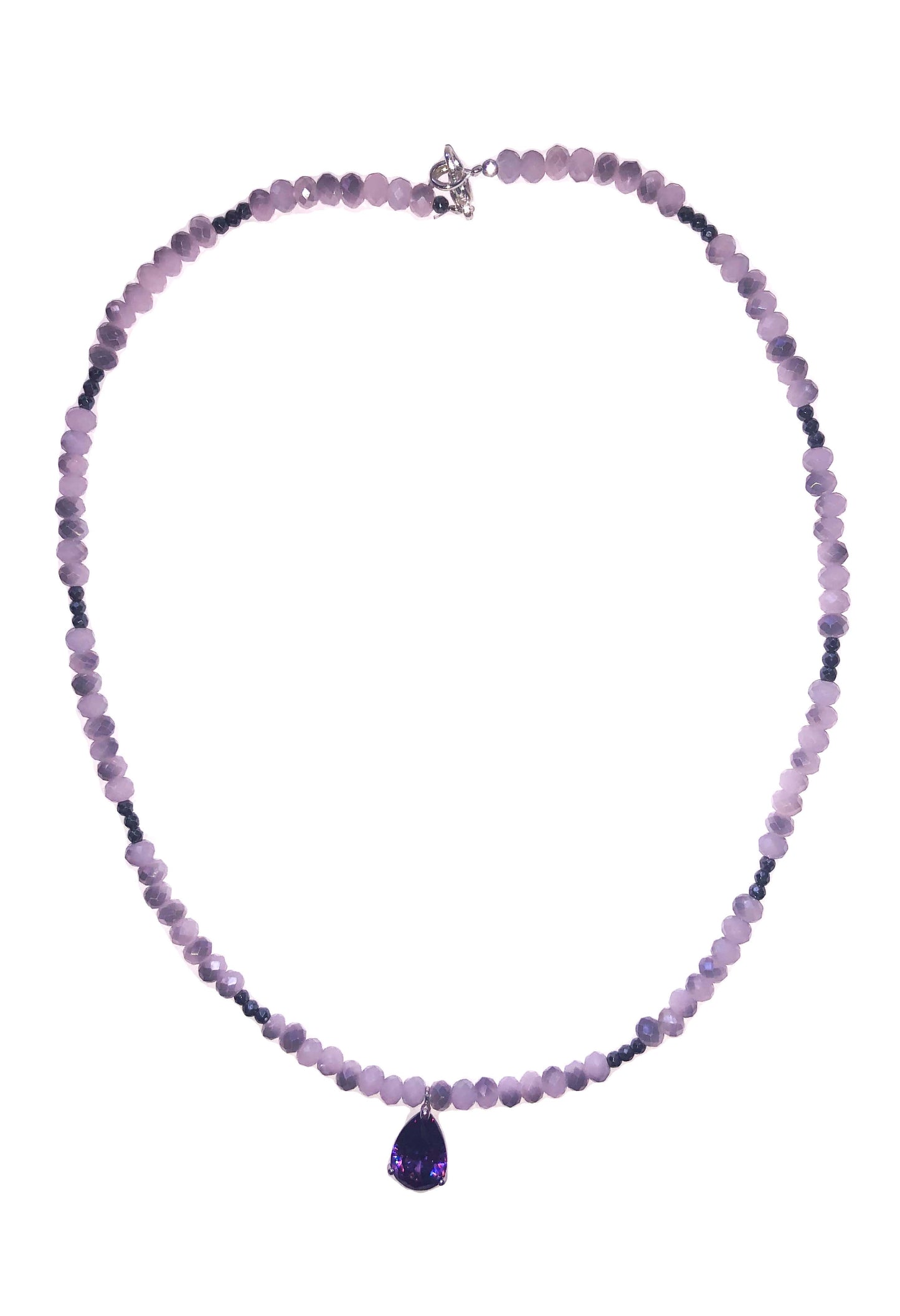 Handcrafted light purple and black crystal beaded necklace with a silver backed amethyst stone