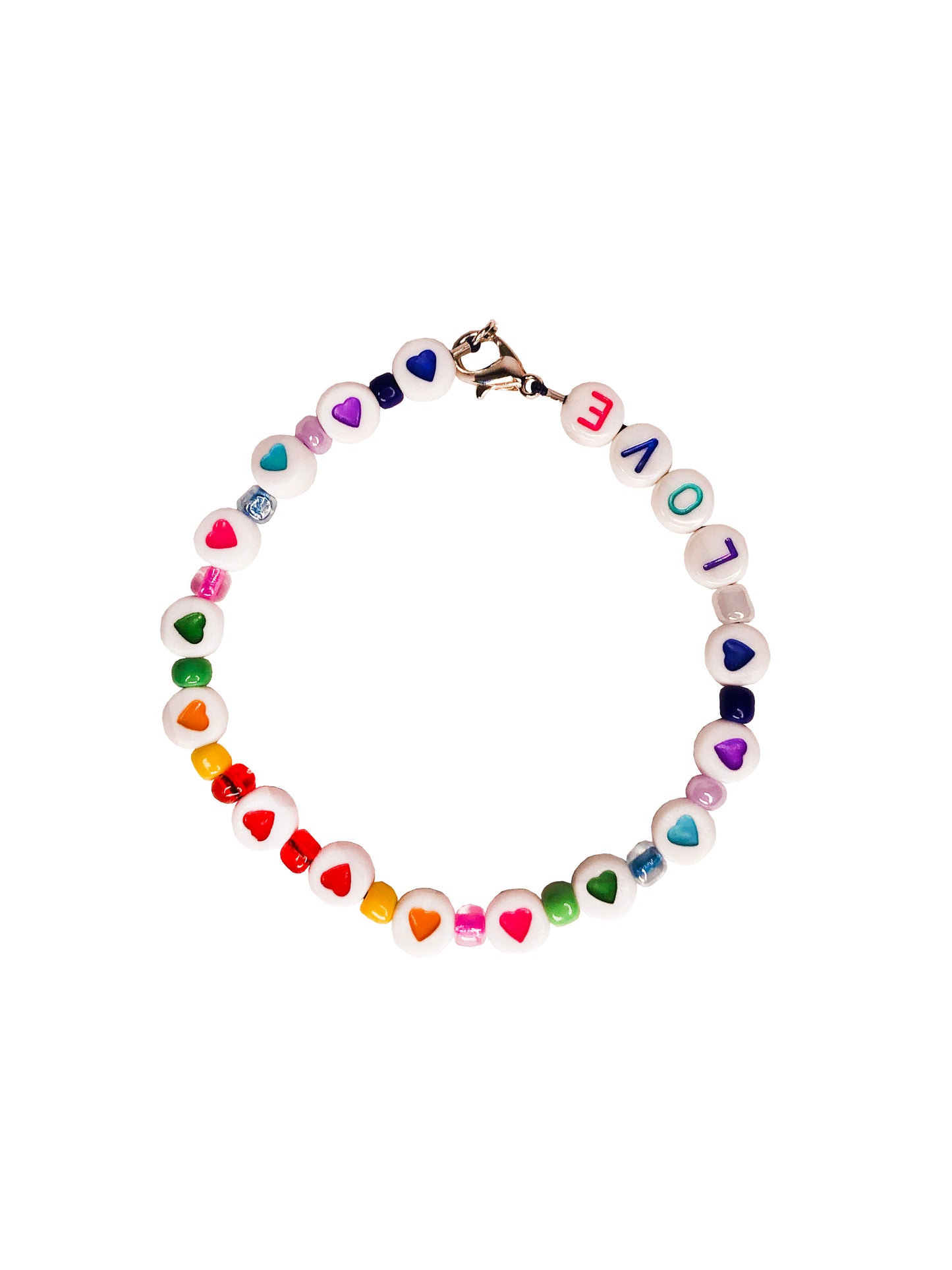 Handmade multicolored heart, letter, and glass beaded bracelet with the word "love".