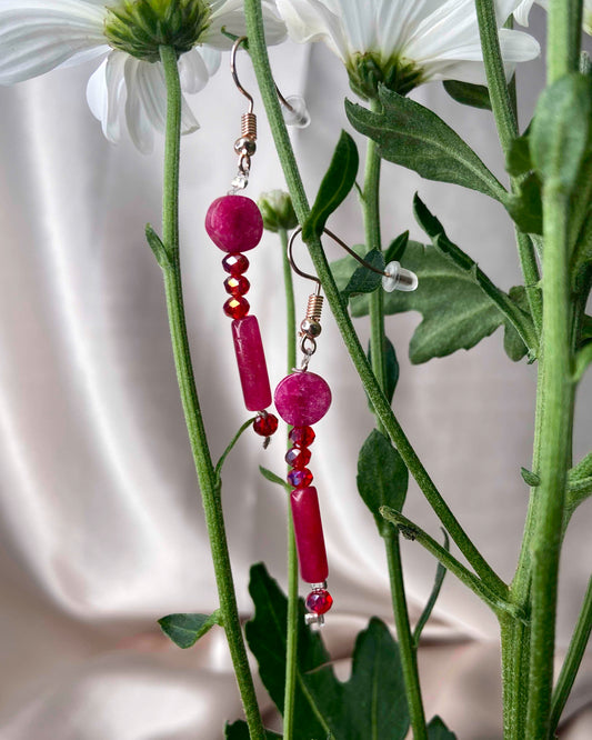 Handmade dangle drop crystal beaded and rubellite stone earrings.