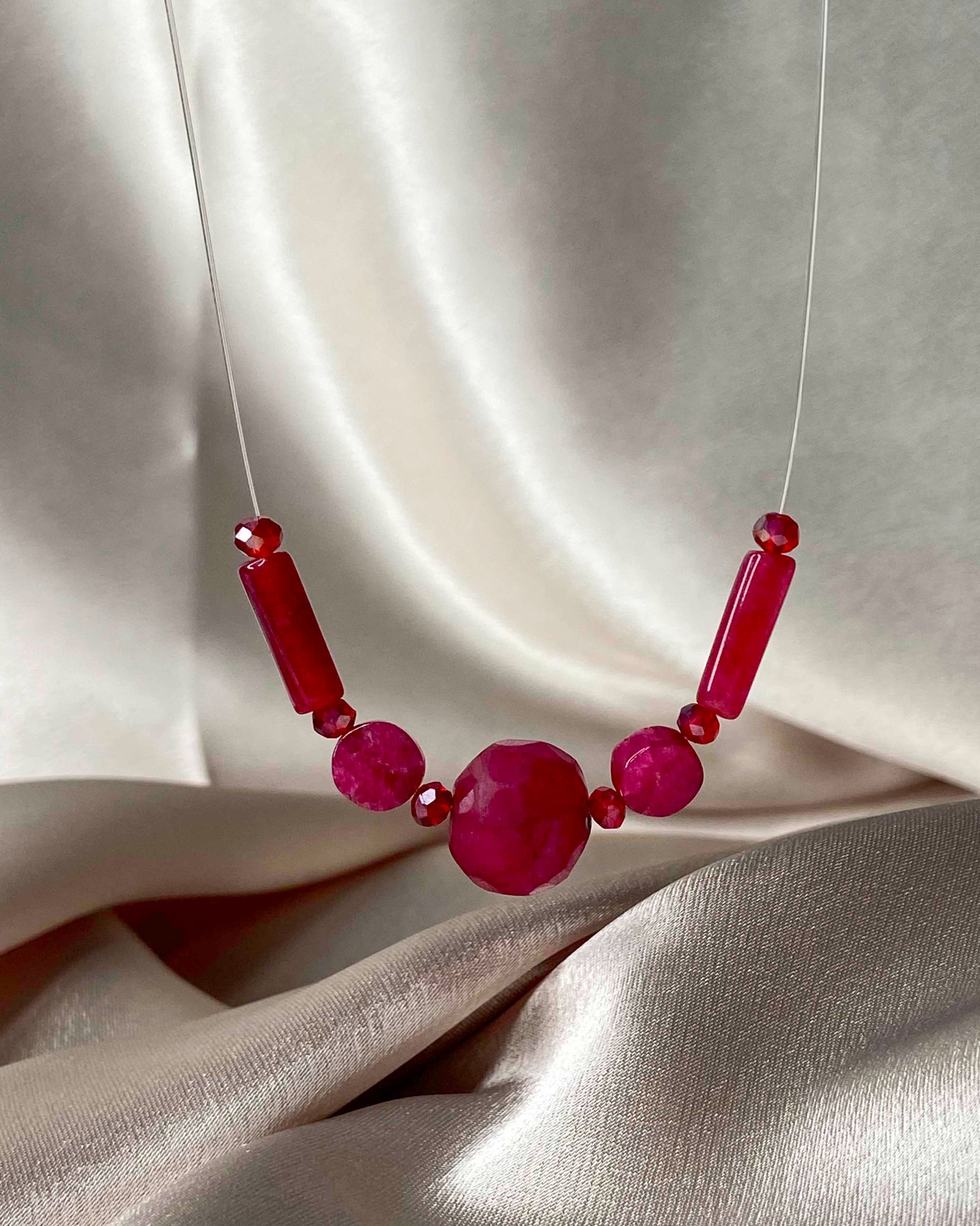 Handmade red crystal and pink rubellite stone invisible pendant necklace.