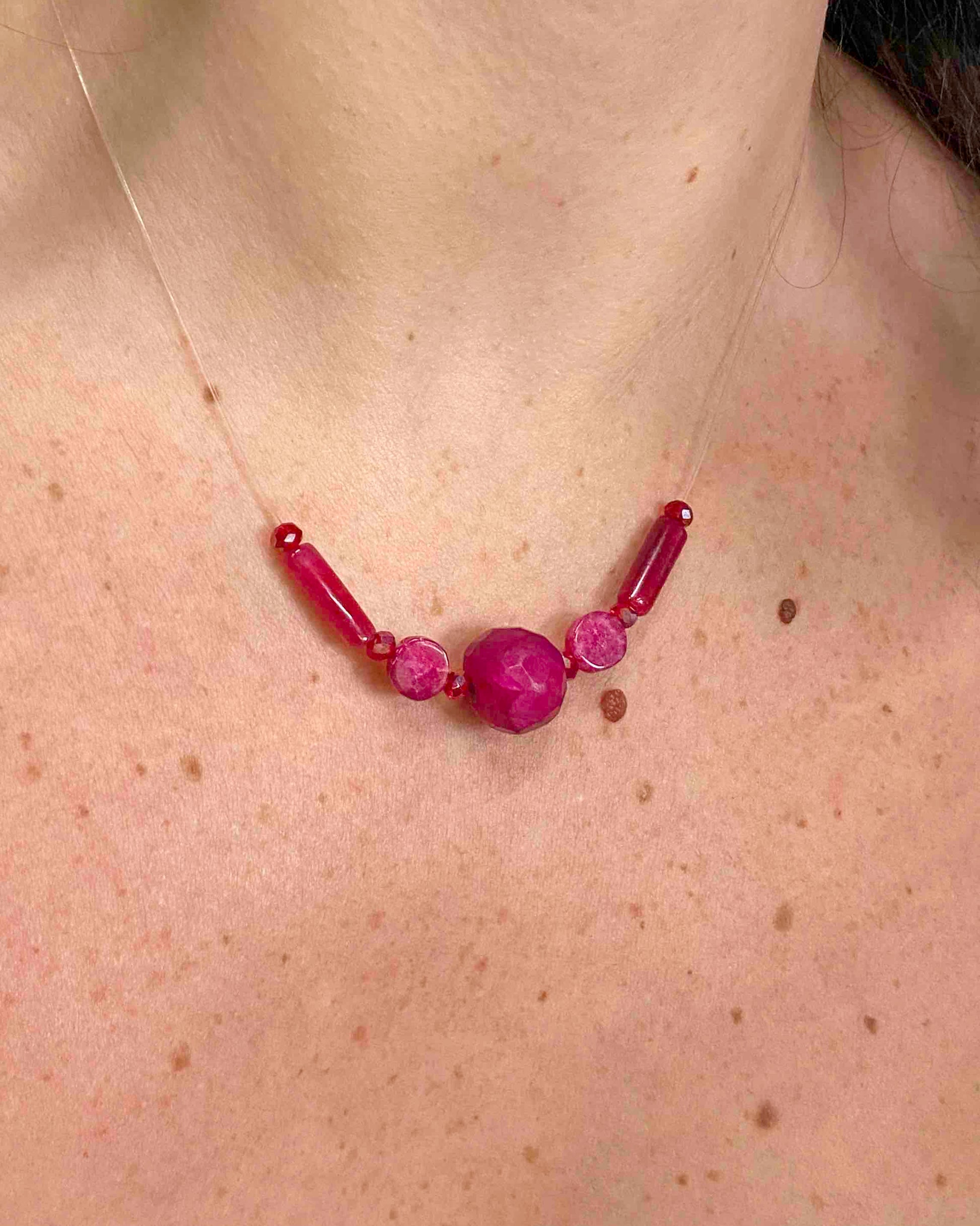 Handmade red crystal and pink rubellite stone pendant necklace.