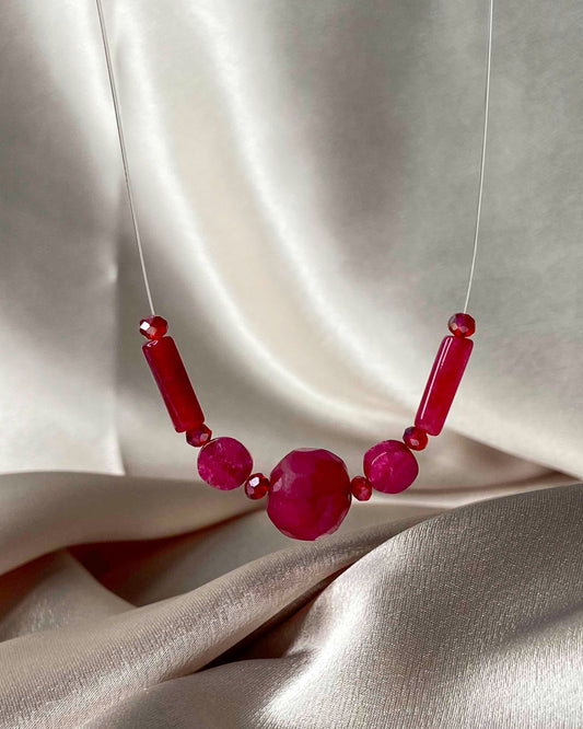 Handmade red crystal and pink rubellite stone pendant necklace.
