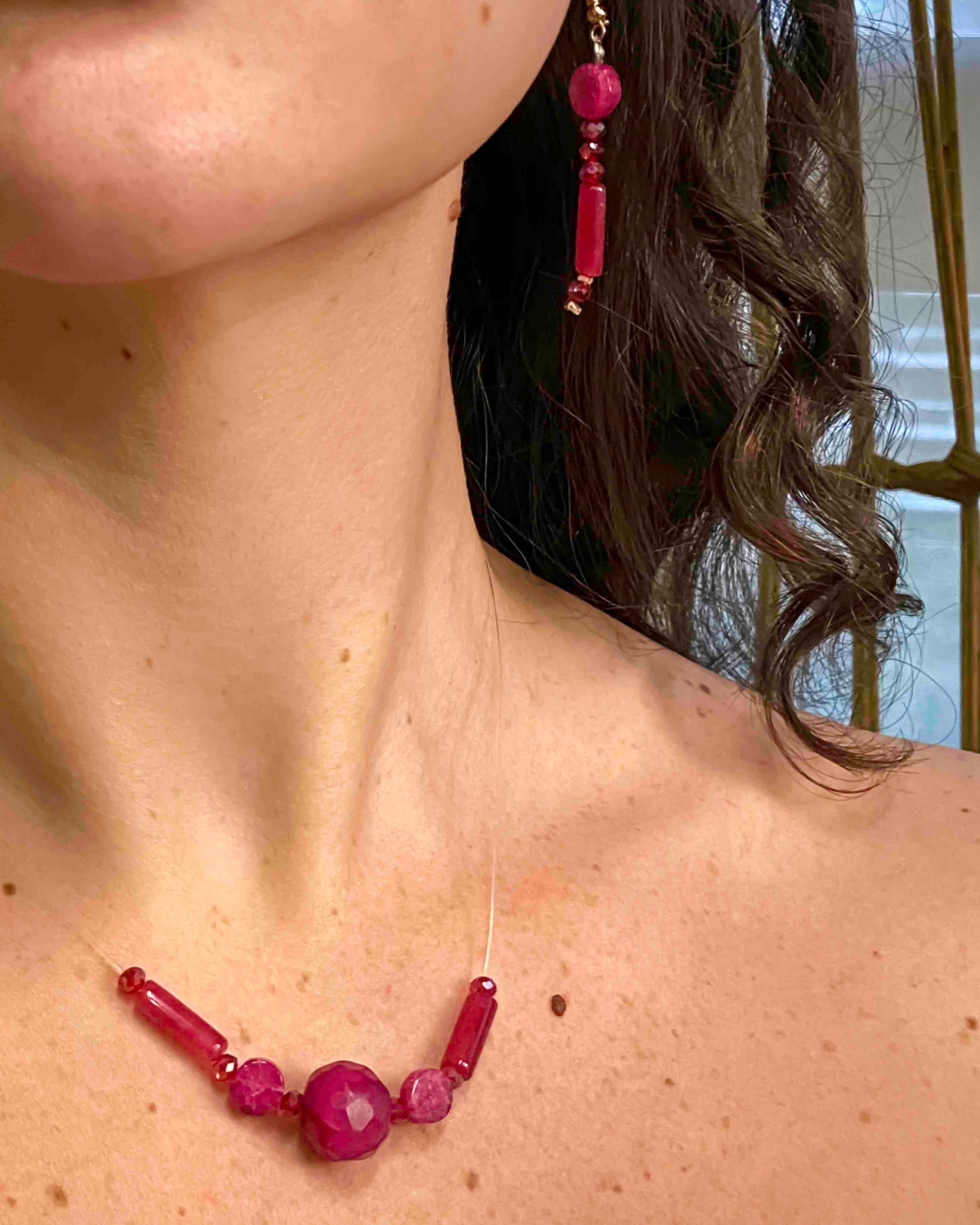 Handmade red crystal beaded and pink rubellite stone dangle drop earrings and pendant necklace.