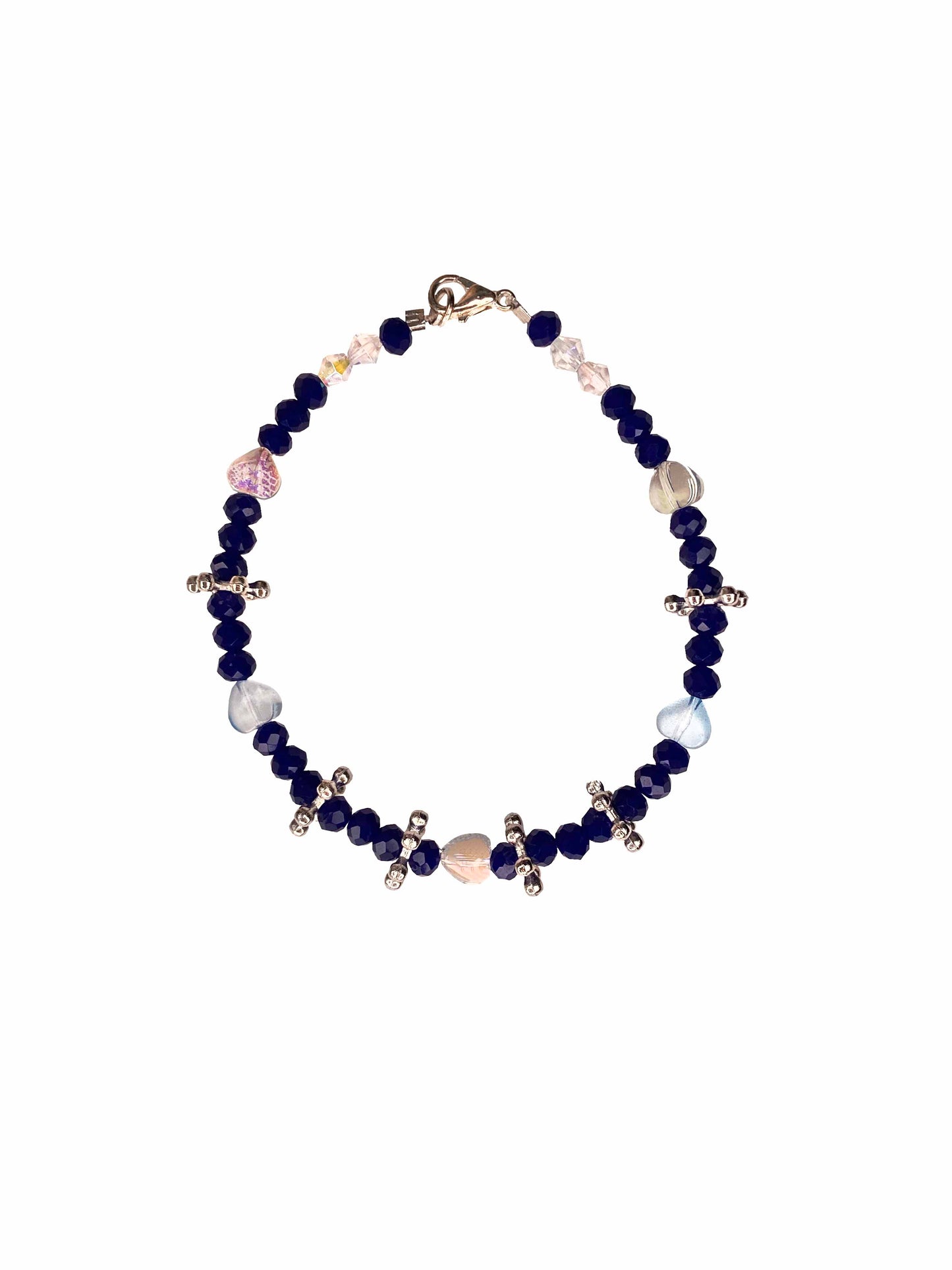 Handmade crystal and glass heart beaded bracelet.