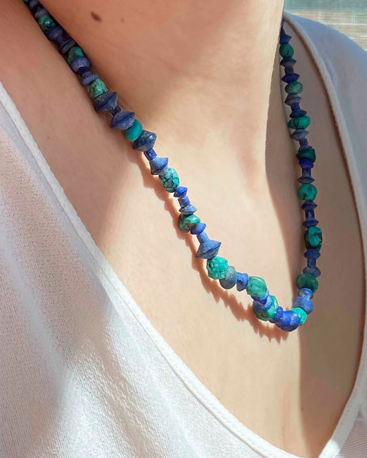 Handmade beaded lapis lazuli and turquoise vintage necklace.
