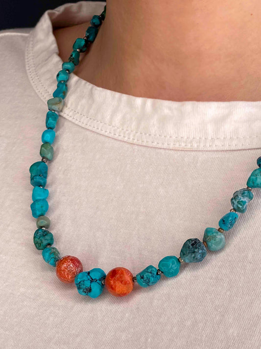 Handmade turquoise and sterling silver beaded vintage necklace.