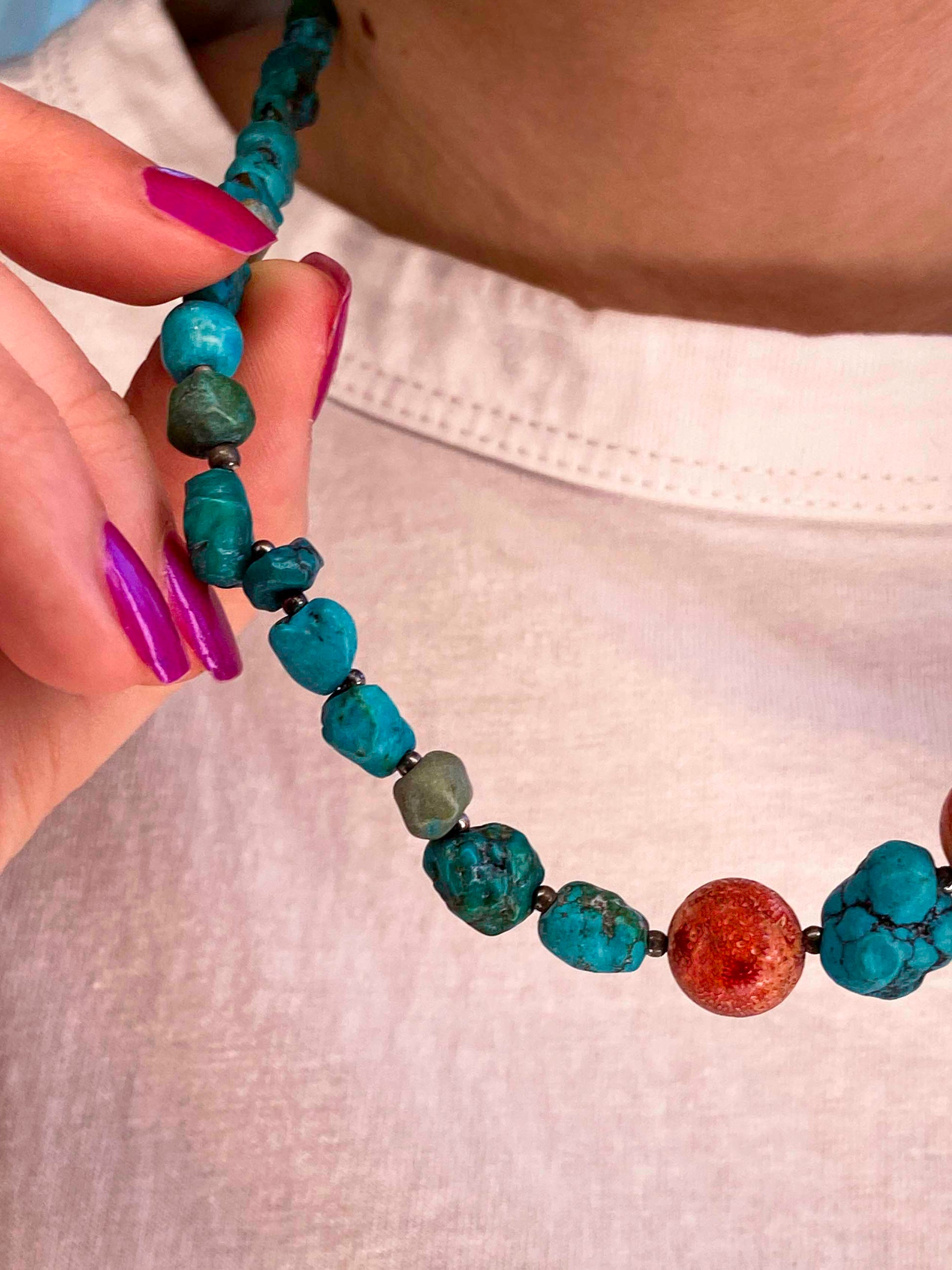 Handmade turquoise and sterling silver beaded vintage necklace.