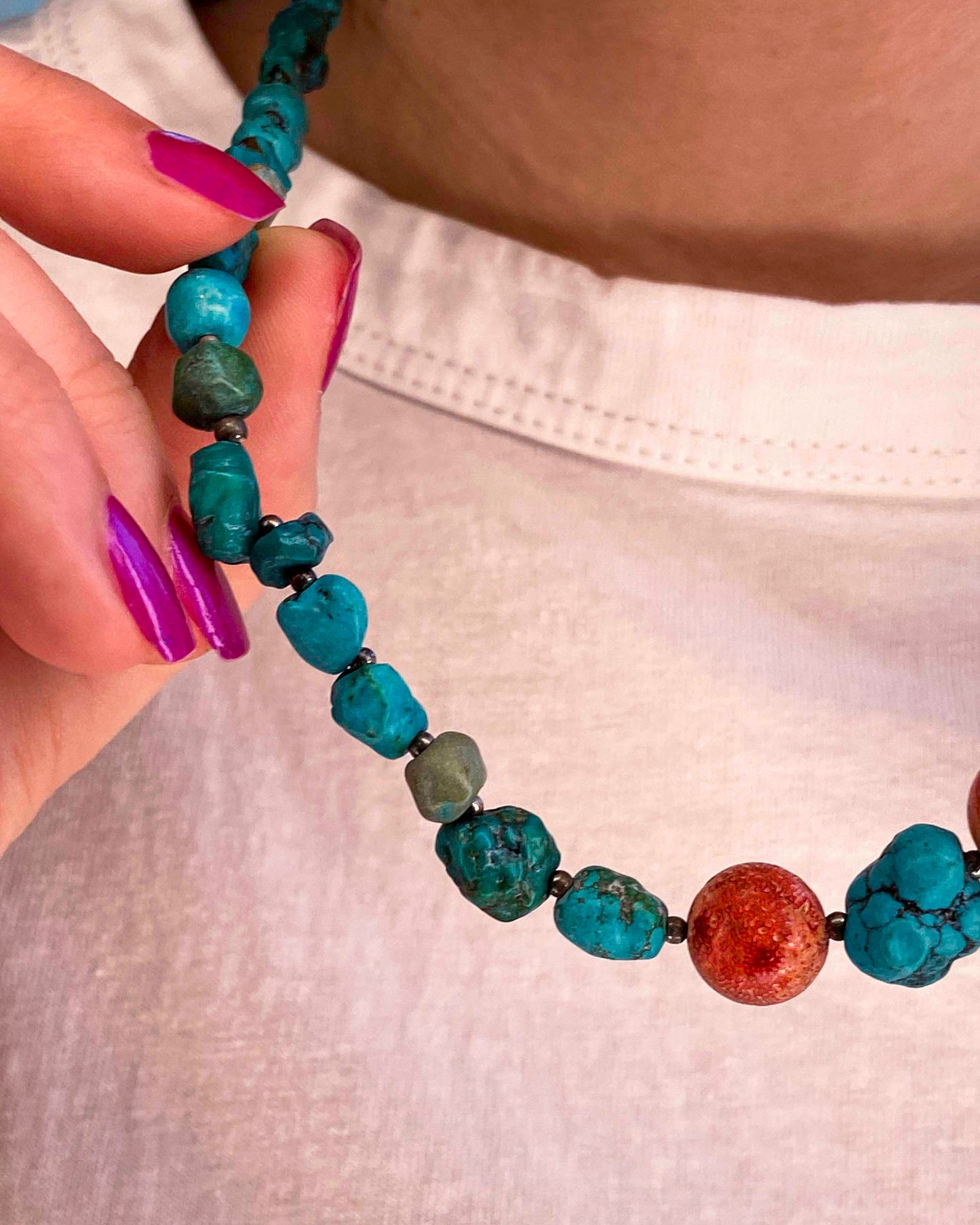 Handmade turquoise and sterling silver beaded vintage necklace.