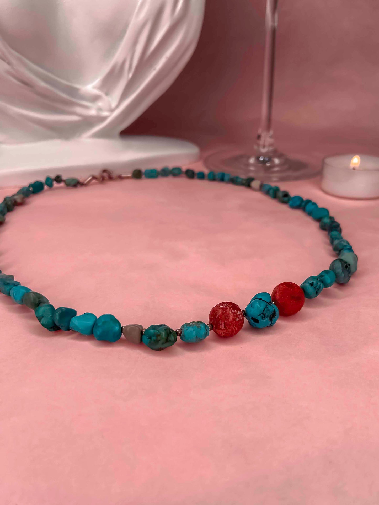 Handmade turquoise and sterling silver beaded vintage necklace.