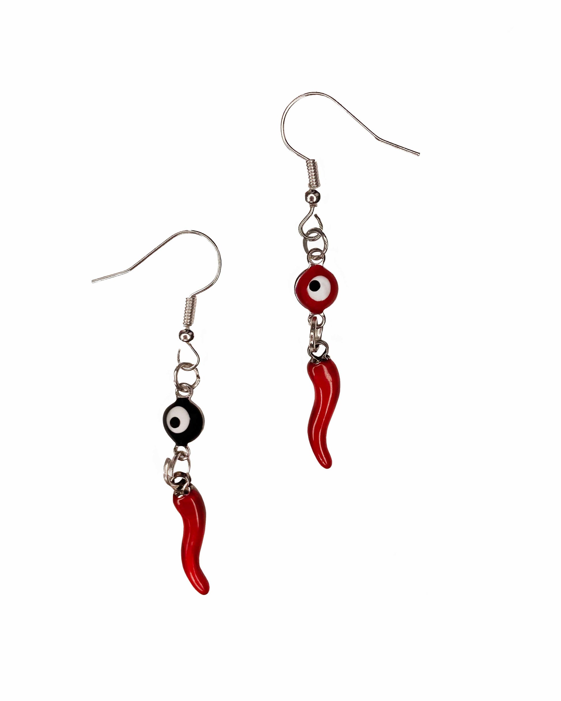 Handcrafted pair of earrings made using evil eye charms and red chili pepper charms.