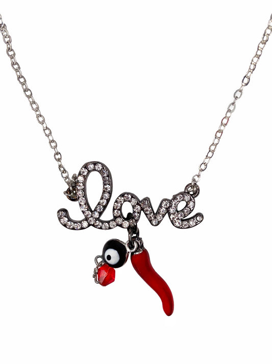 Handcrafted chili necklace made using an evil eye charm, a red chili pepper charm, a rhinestone "Love" charm, and red crystal bead.