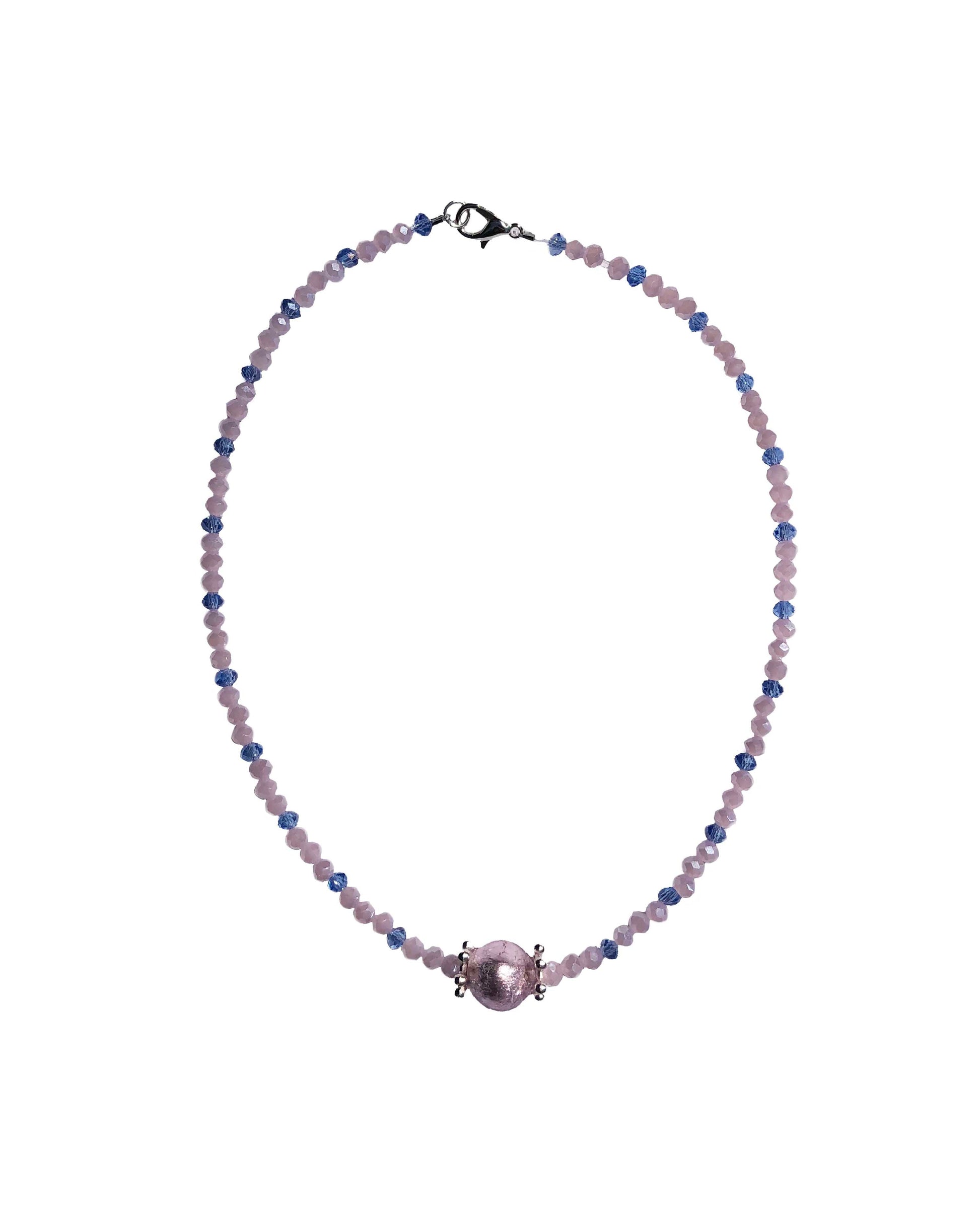handcrafted pink and blue crystal beaded necklace with paper mache charm.