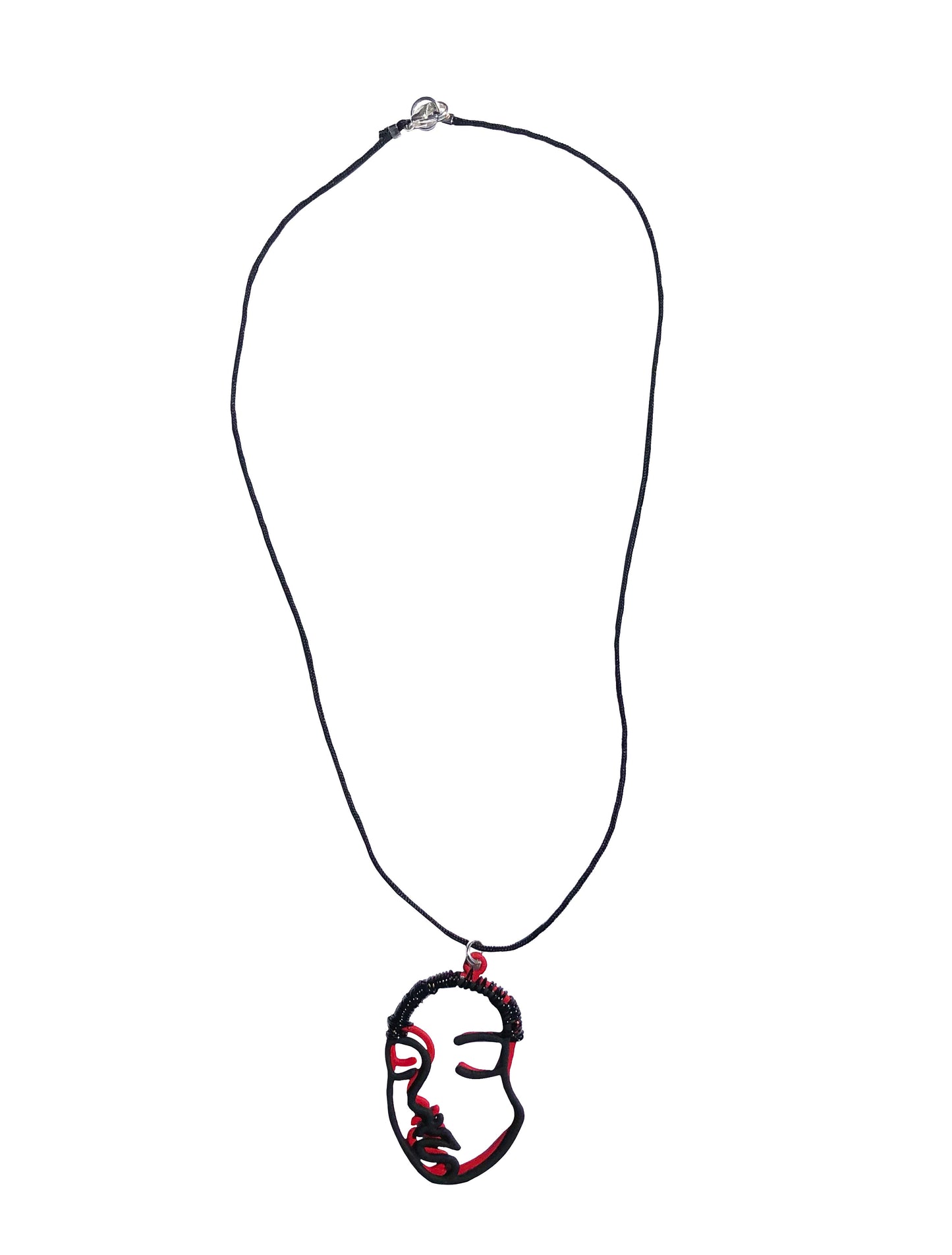 Handcrafted using hollowed-out black and red face charms wire wrapped together as one.