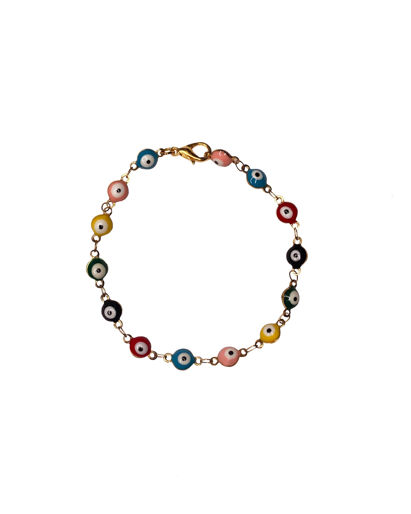 multicolored evil eye charms handcrafted into a chain bracelet