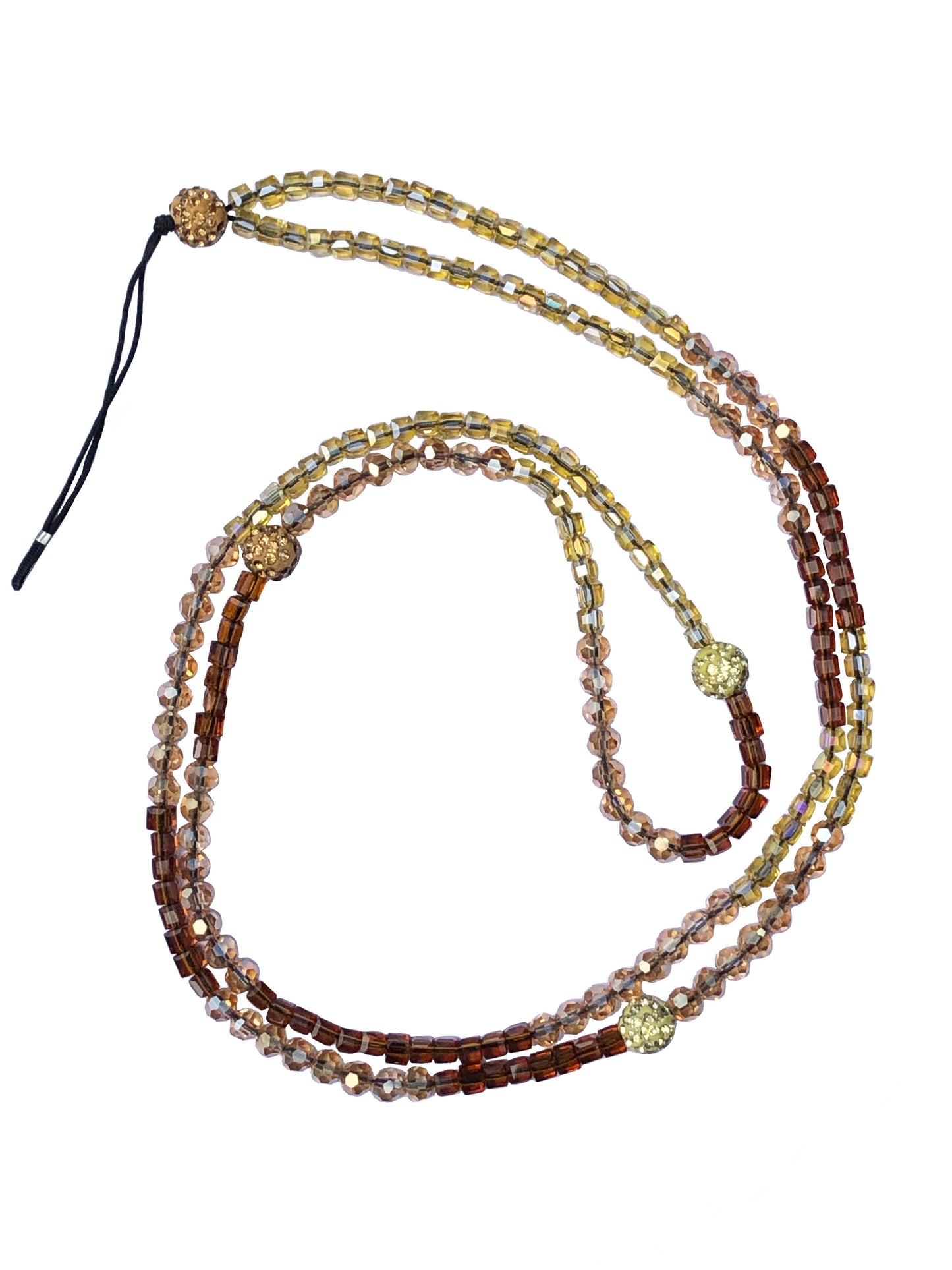 handcrafted yellow, orange and brown crystal beaded belly chain with four golden crystal charms