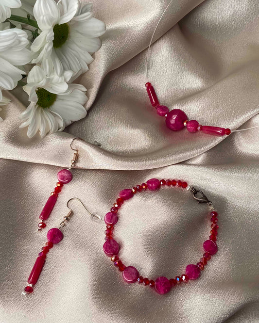 Handmade red crystal and pink rubellite stone dangle drop earrings, bracelet, and pendant necklace.