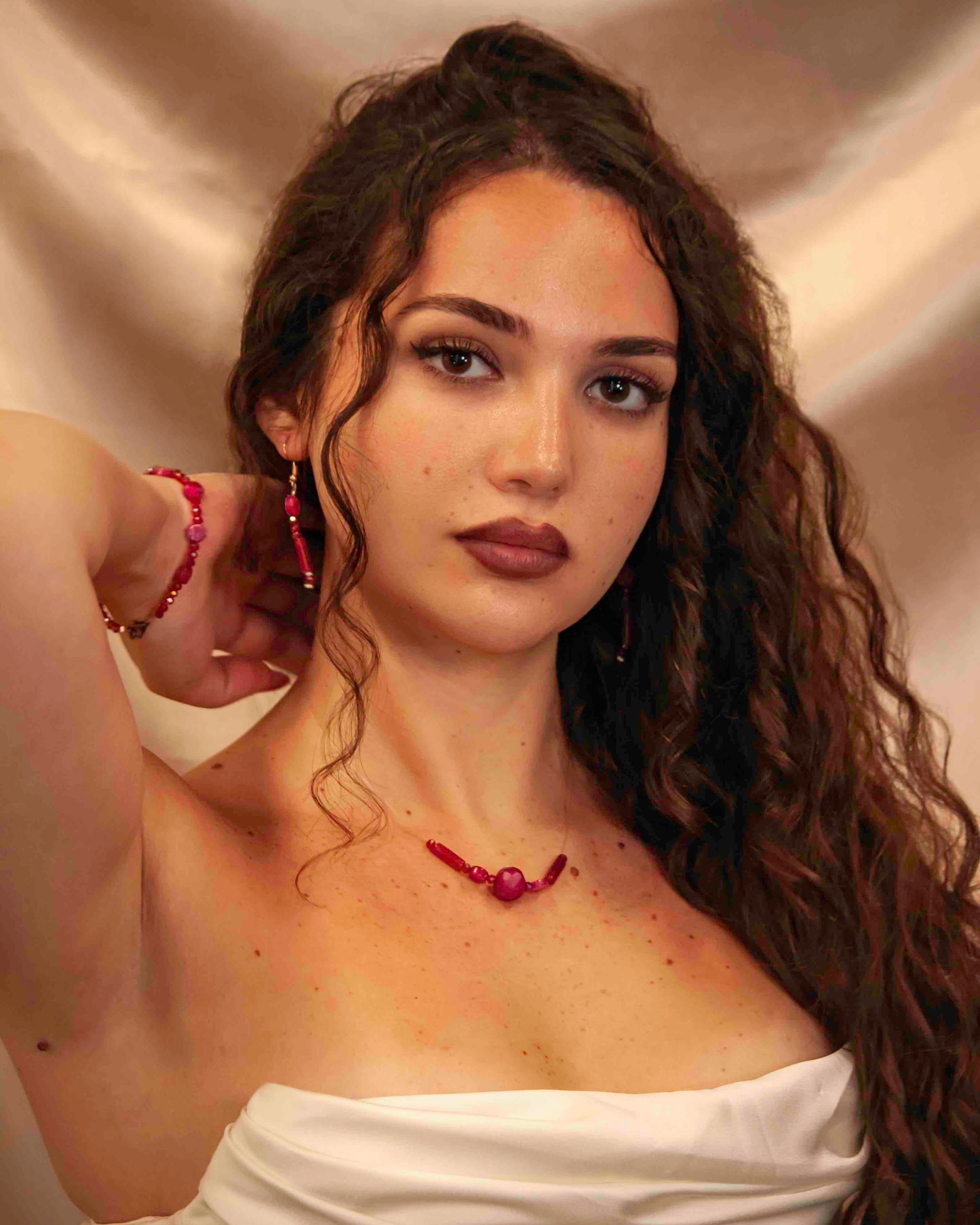 Handmade red crystal and pink rubellite stone dangle drop earrings, bracelet, and pendant necklace.