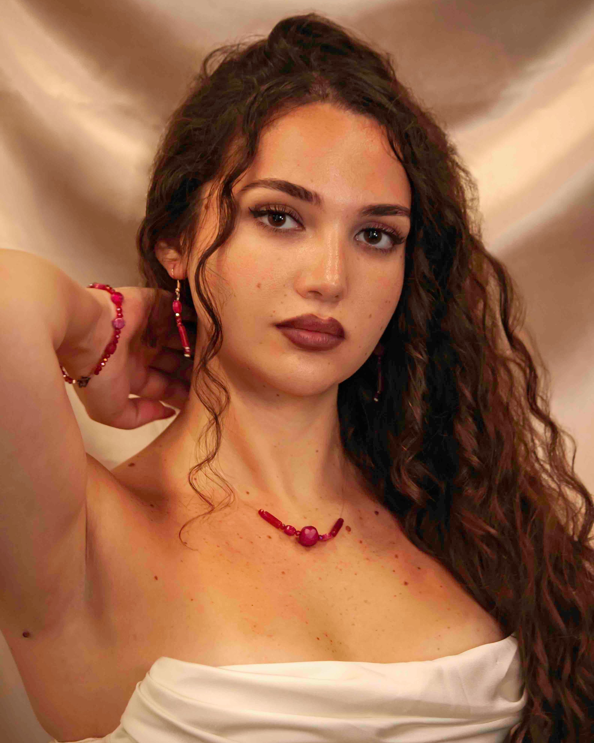 Handmade red crystal and pink rubellite stone dangle drop earrings, bracelet, and pendant necklace.