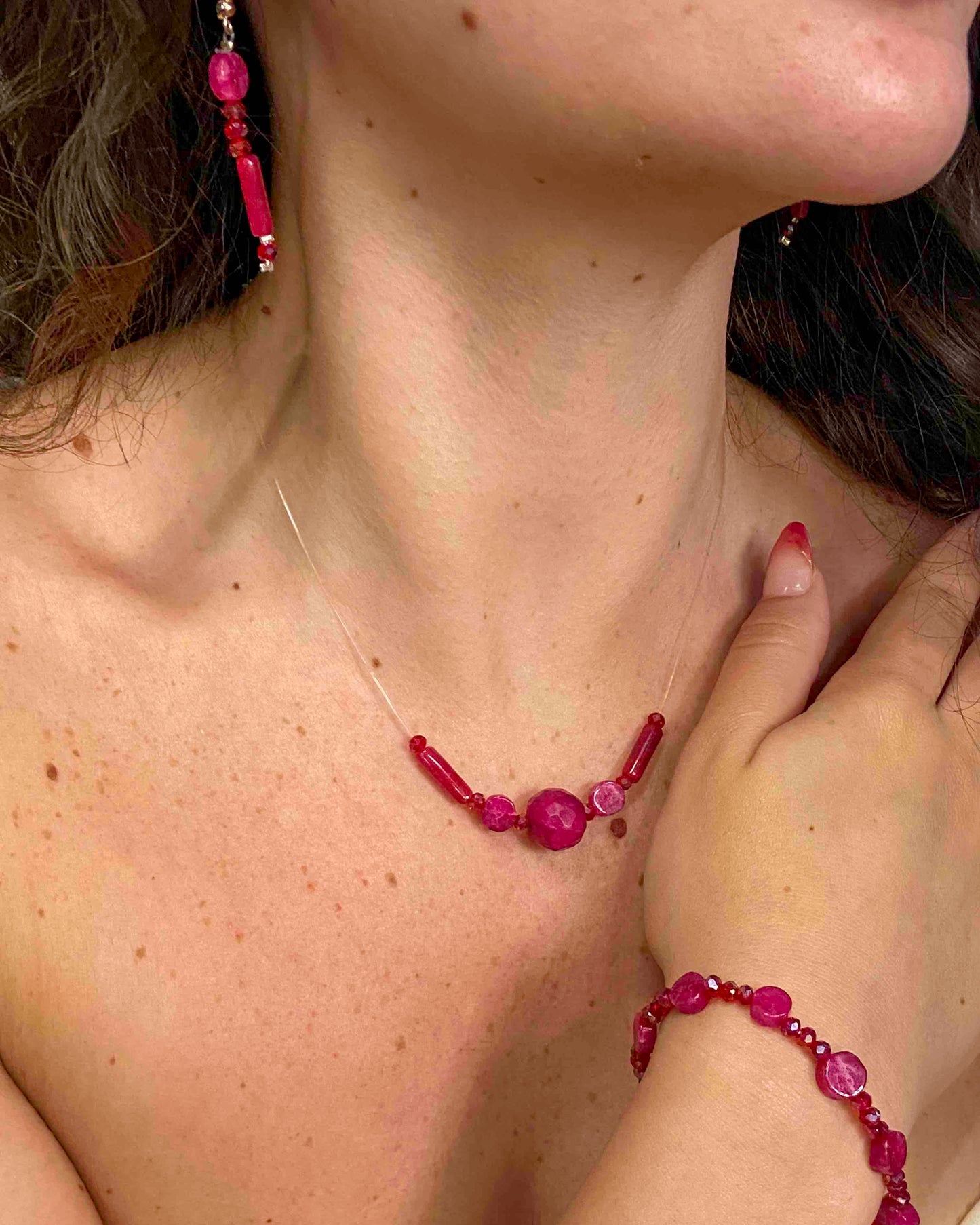 Handmade red crystal and pink rubellite stone dangle drop earrings, bracelet, and pendant necklace.