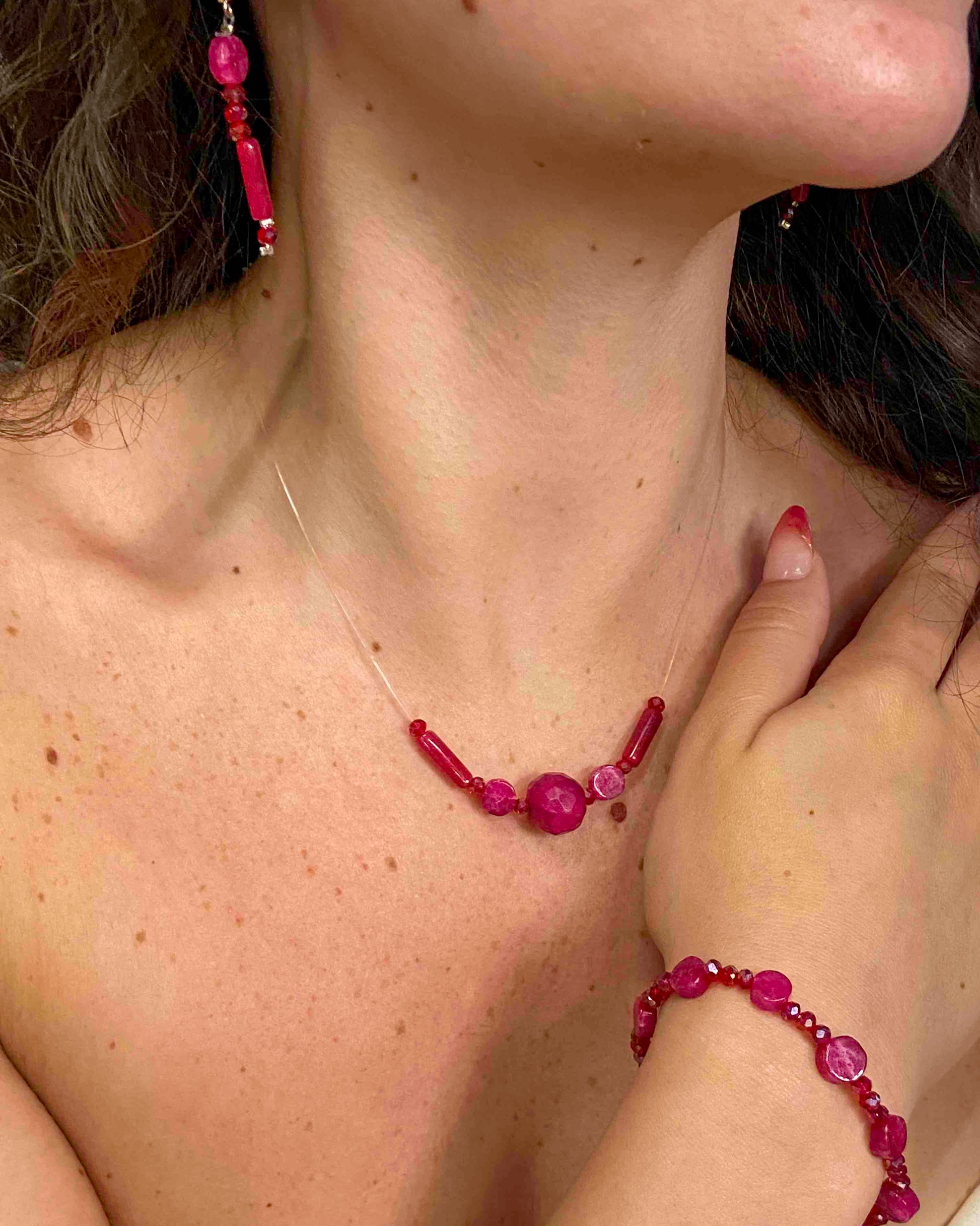 Handmade red crystal and pink rubellite stone dangle drop earrings, bracelet, and pendant necklace.