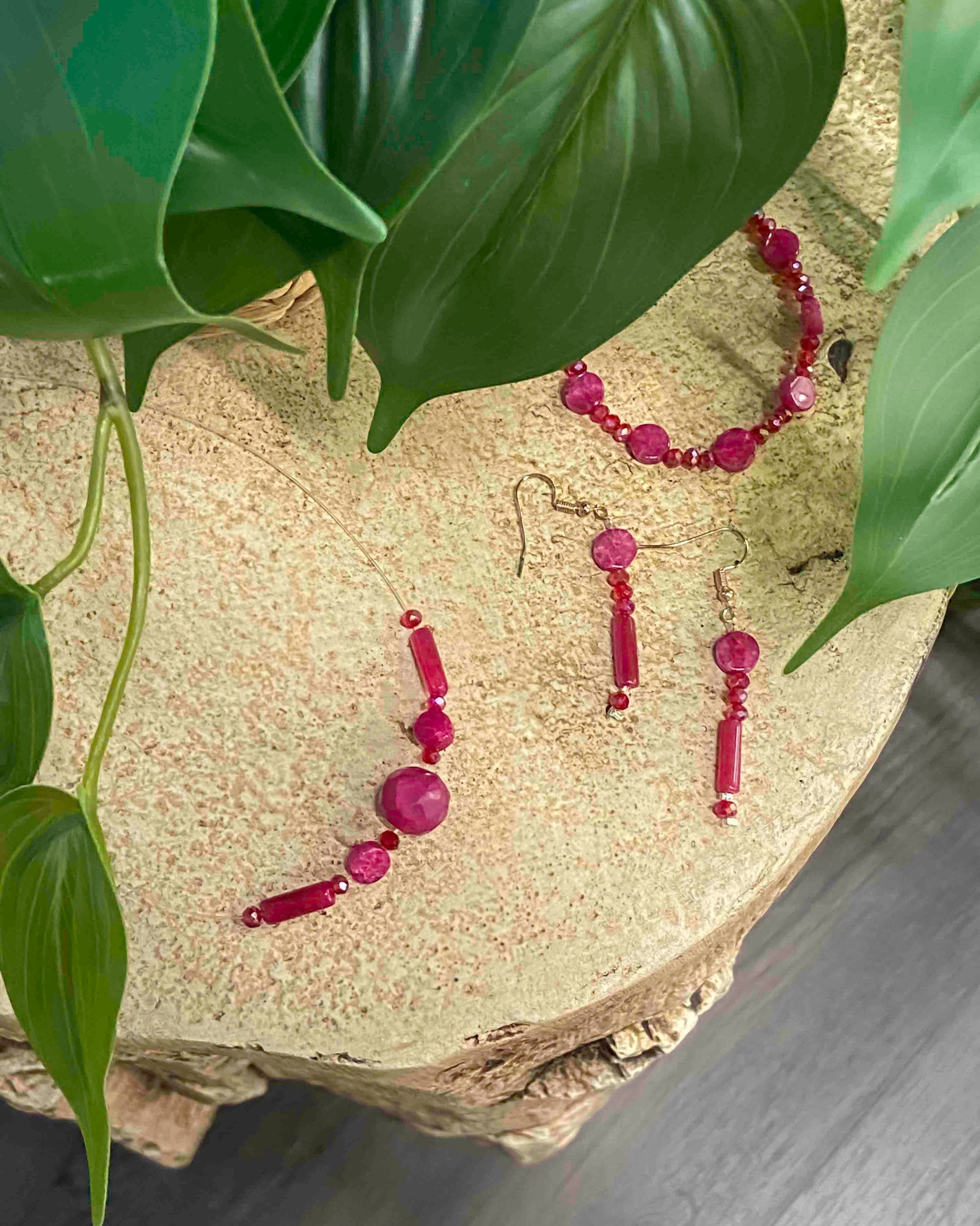 Handmade red crystal beaded and pink rubellite stone dangle drop earrings, bracelet, and pendant necklace.