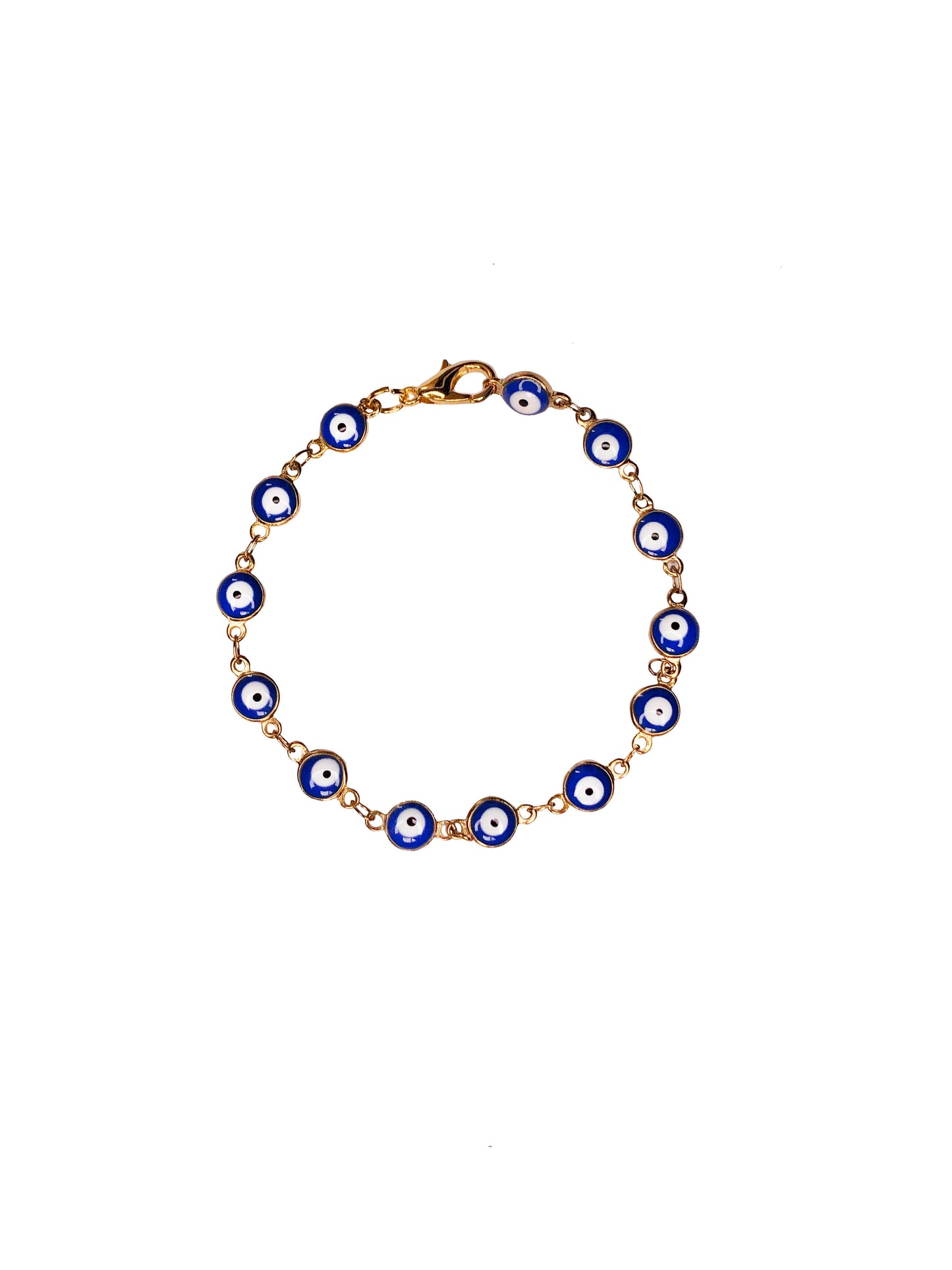 Handmade golden blue evil eye charm chain bracelet.