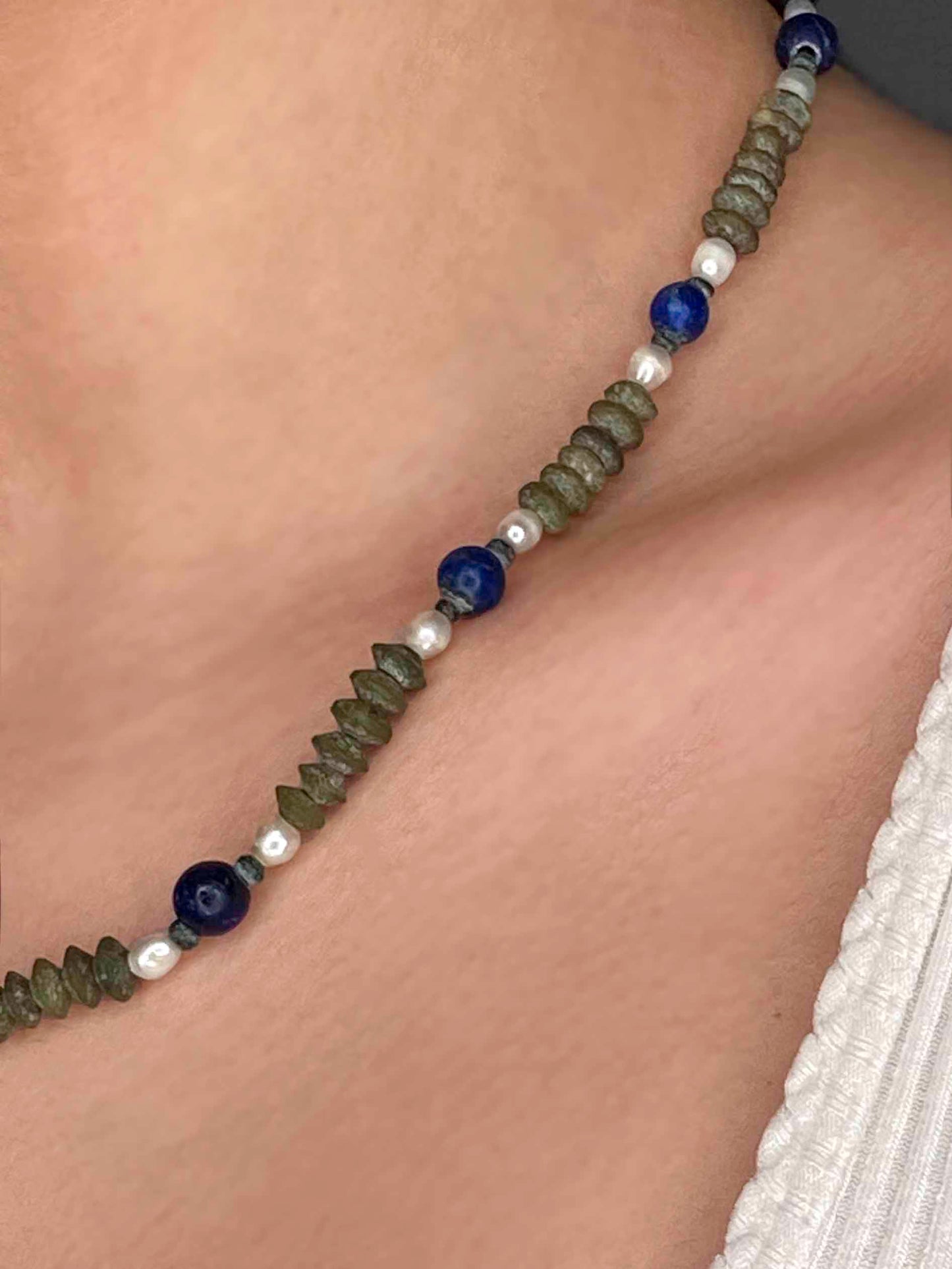 Handmade vintage necklace crafted using lapis lazuli, pearls & serpentine gemstones