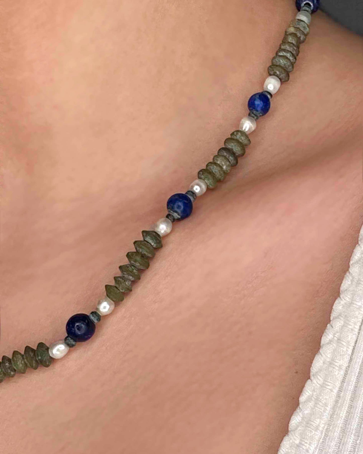 Handmade vintage necklace crafted using lapis lazuli, pearls & serpentine gemstones
