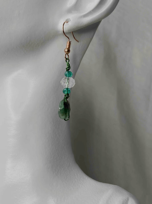 handmade wire wrapped emerald earrings with crystal beads.