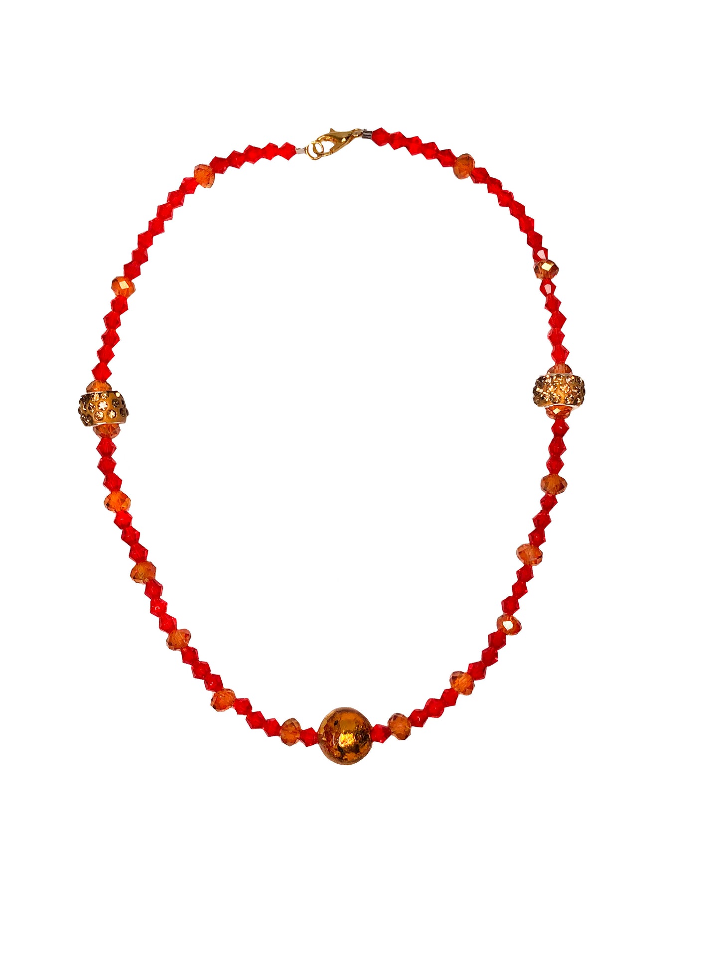 Handcrafted red and orange crystal beaded necklace with two golden rhinestone charms and a paper mache glass ball centerpiece.