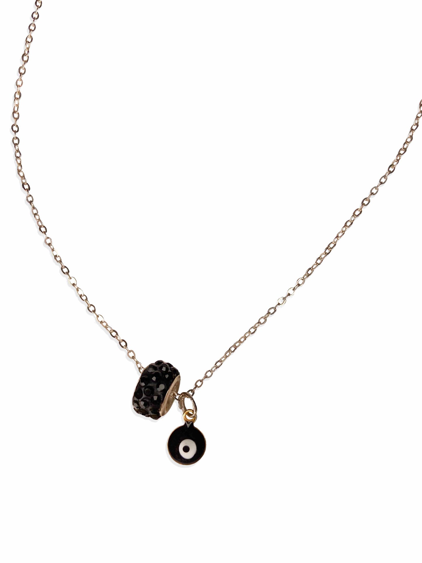 Handmade black evil eye & black rhinestone charm pendant necklace.